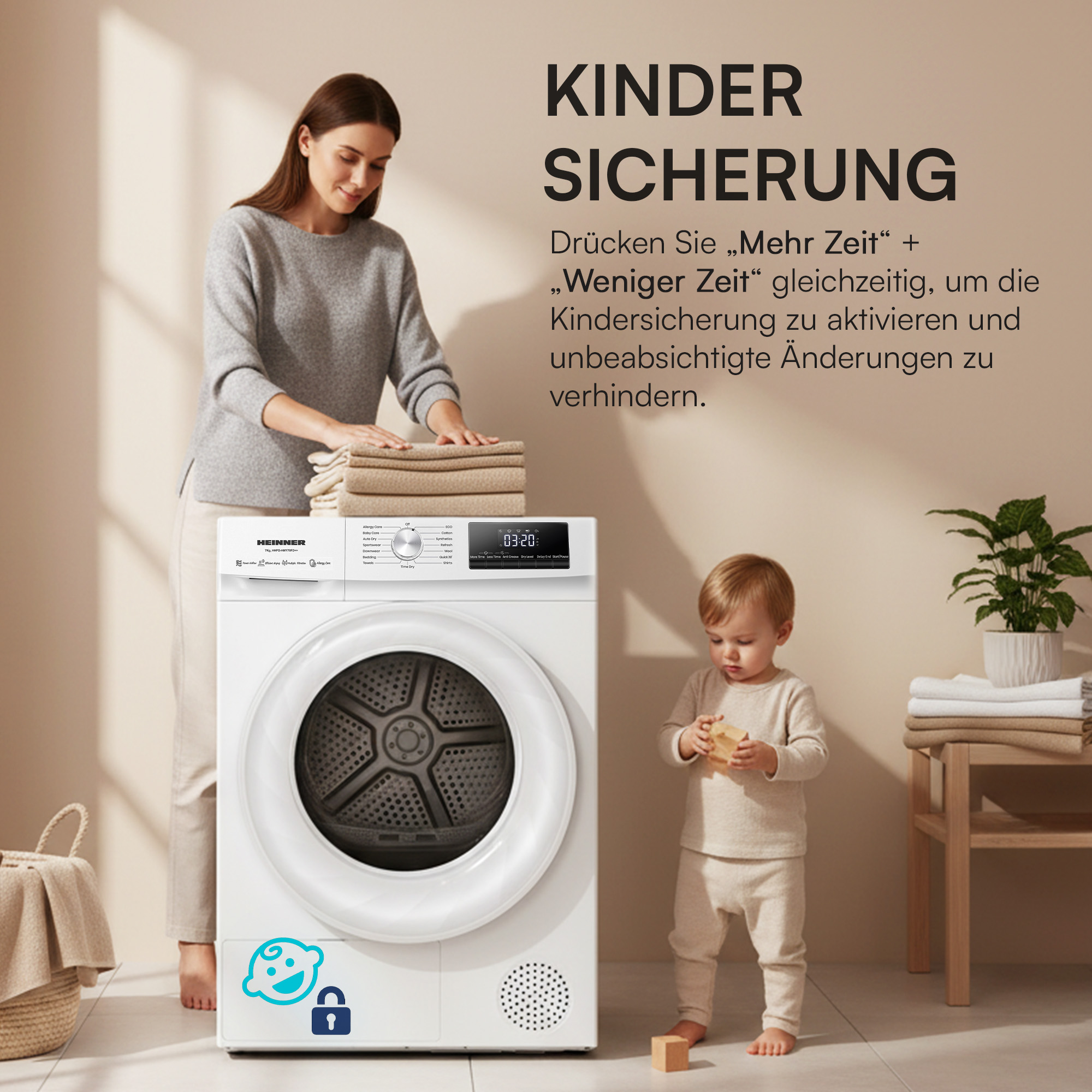 Eine Frau und ein Kleinkind in der Nähe eines weißen Trockners. Das Bild wirbt für Kindersicherheitsfunktionen.