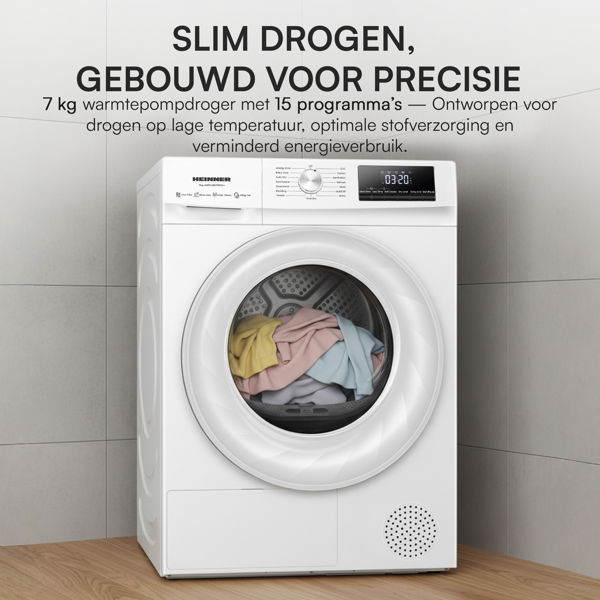 Weißer Trockner mit Kleidung. Text erwähnt 7 kg, 15 Programme und Energiesparen.