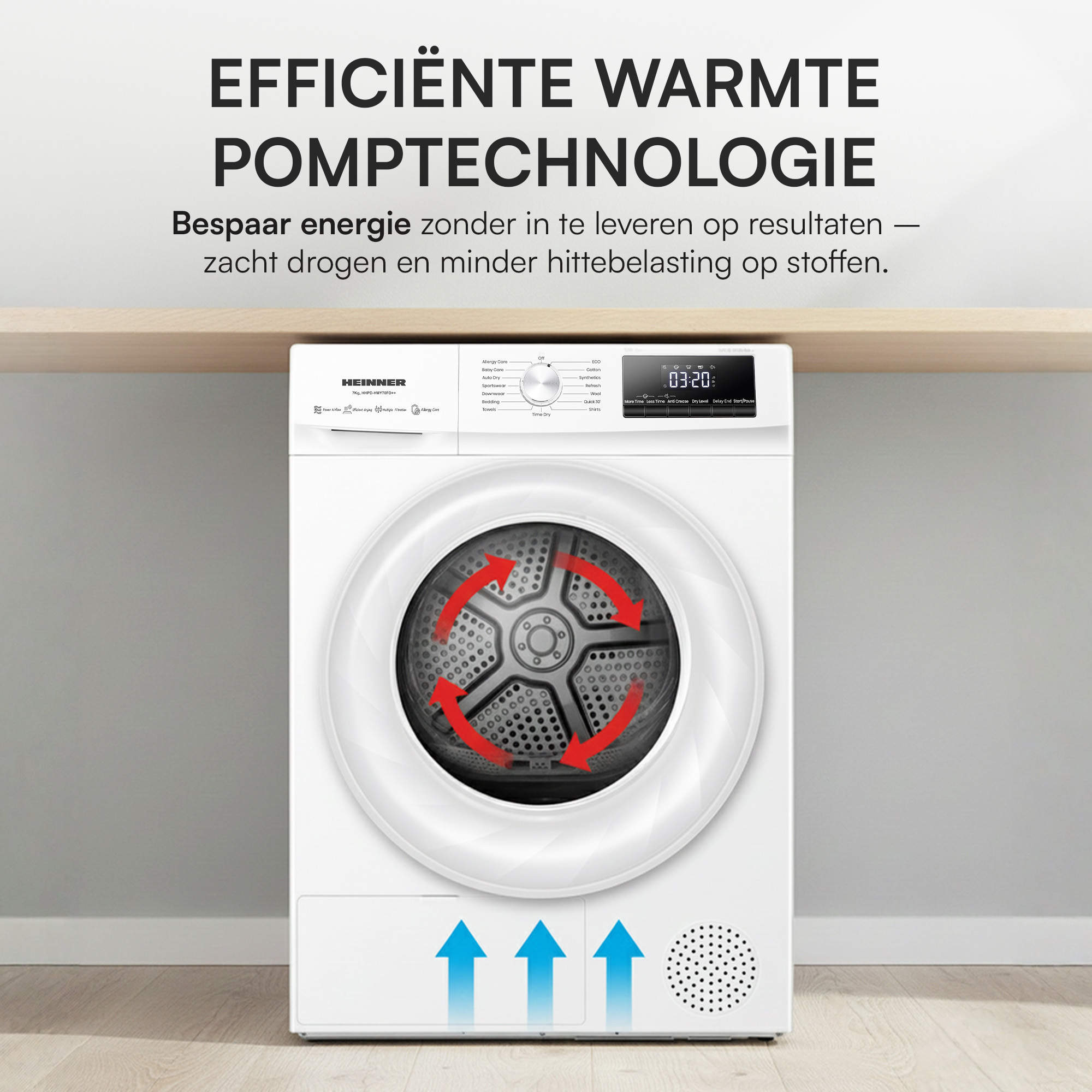 Ein weißer Trockner mit Digitalanzeige. Rote Pfeile im Inneren der Trommel zeigen den Luftstrom an. Blaue Pfeile unten.