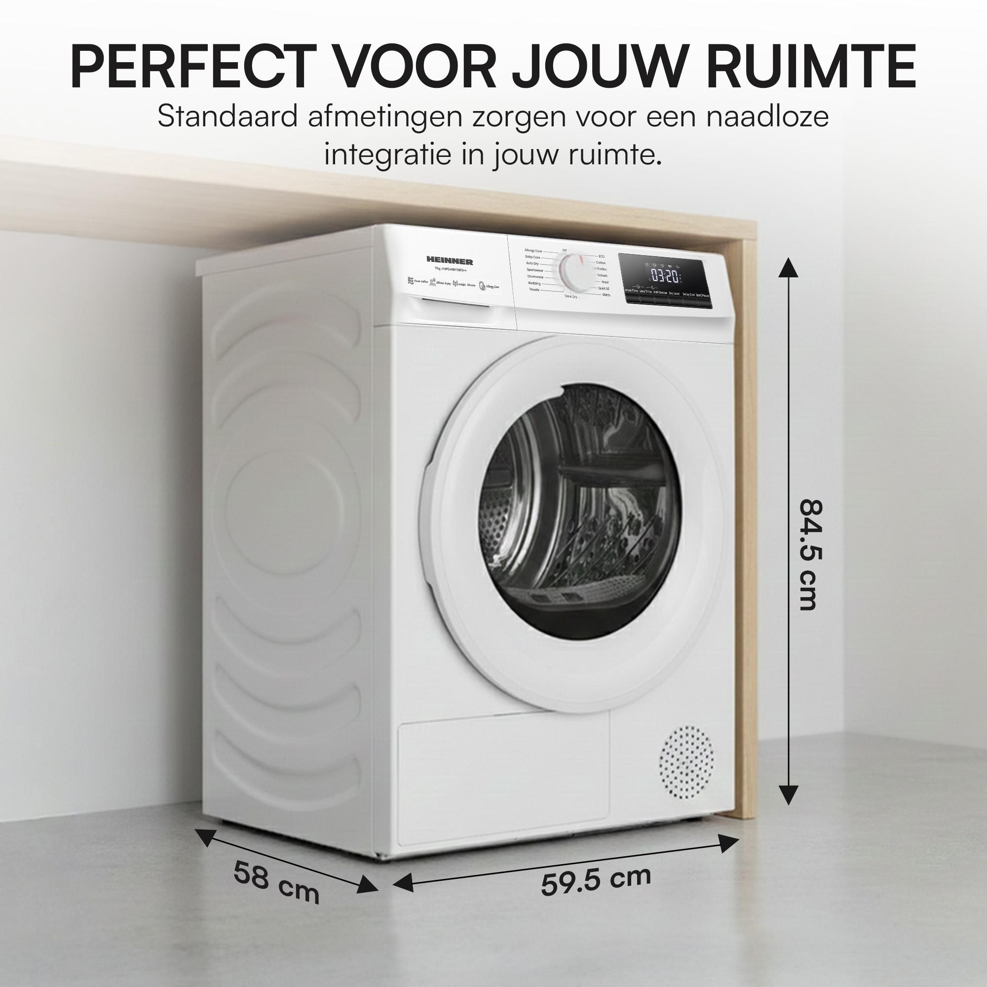 A white dryer with dimensions noted. Text reads 'Perfect for your space'.