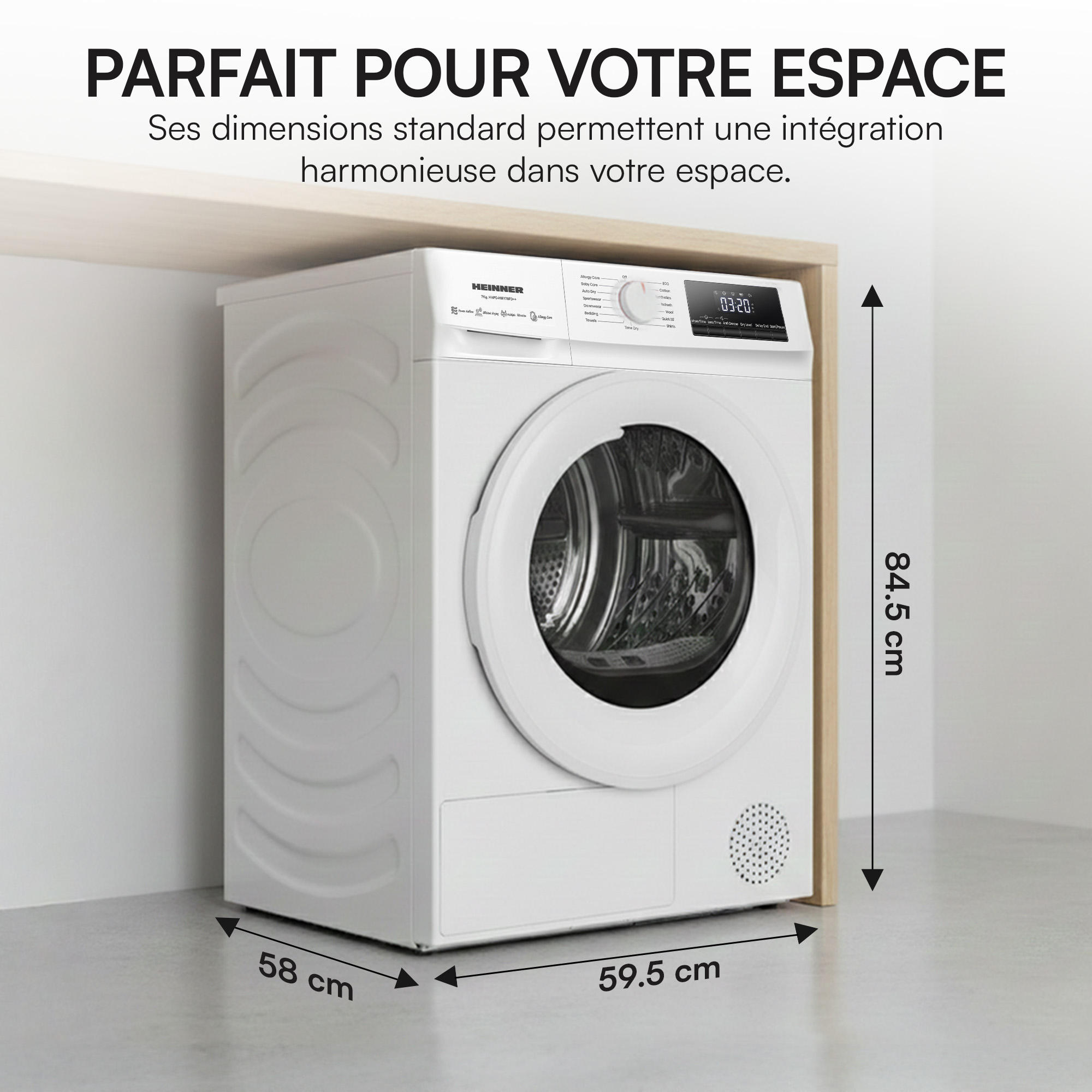 Un sèche-linge blanc avec des dimensions indiquées. Le sèche-linge est sous une étagère. Le texte indique qu'il s'intègre dans votre espace.