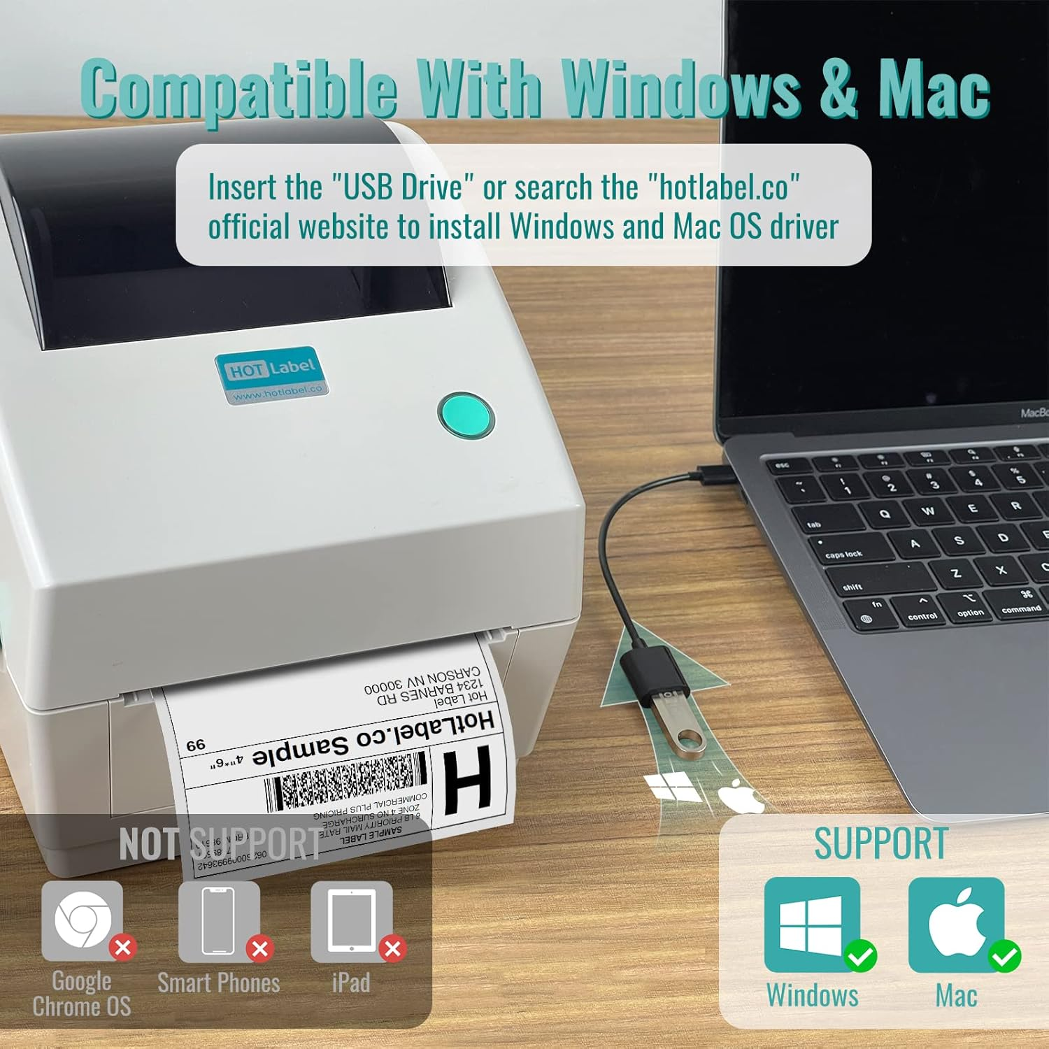 Una impresora de etiquetas conectada a una laptop por USB. Compatible con Windows y Mac. Muestra compatibilidad con Chrome OS, smartphones e iPad.