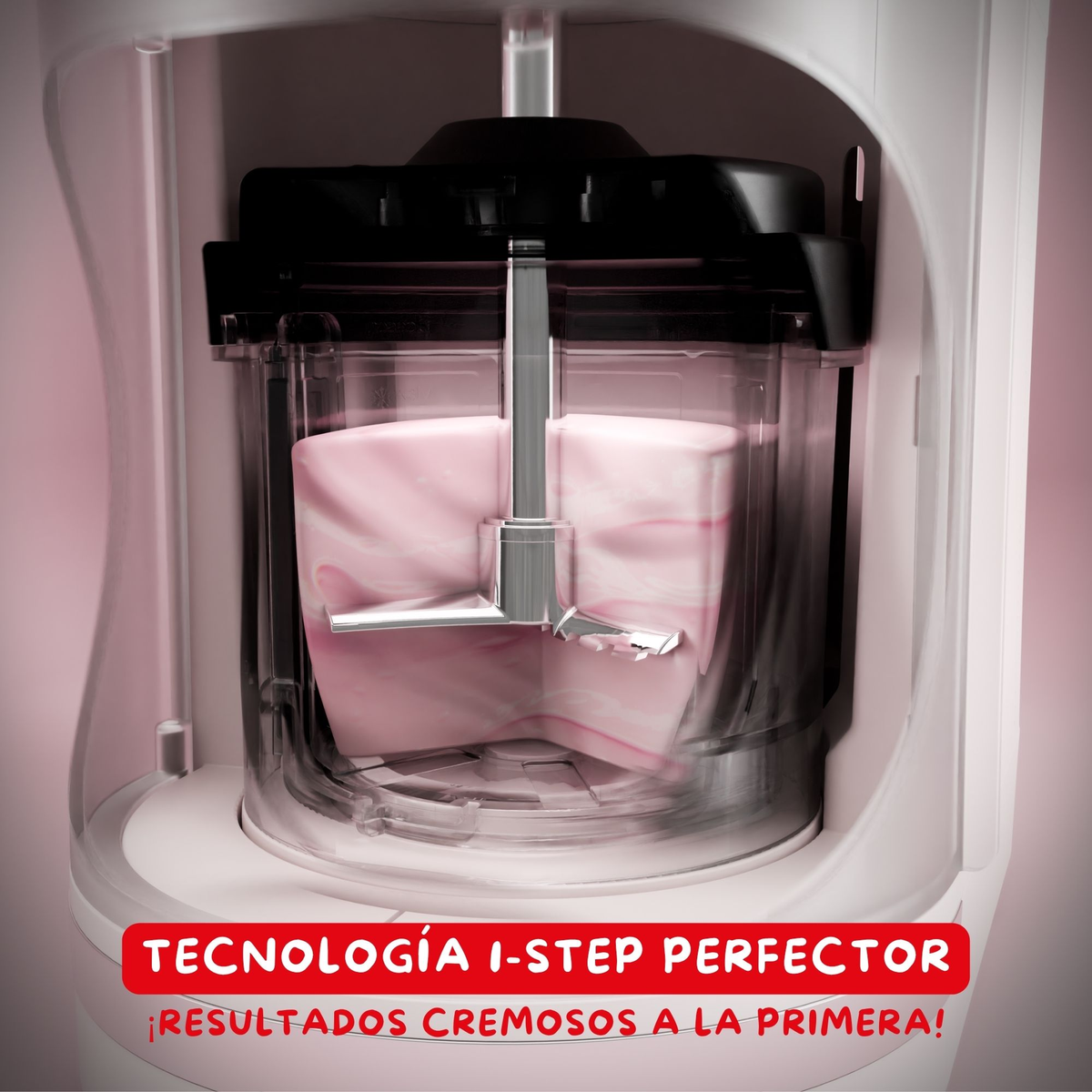 Nahaufnahme eines rosa Eisbereiters. Die Maschine ist weiß und hat einen transparenten Behälter mit rosa Eis. Text: cremige Ergebnisse.