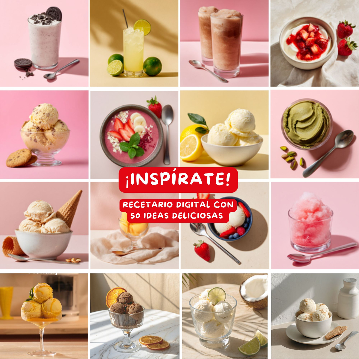 Collage verschiedener Desserts: Eis, Smoothies und Bowls. Früchte wie Erdbeeren, Zitronen und Limetten sind abgebildet.