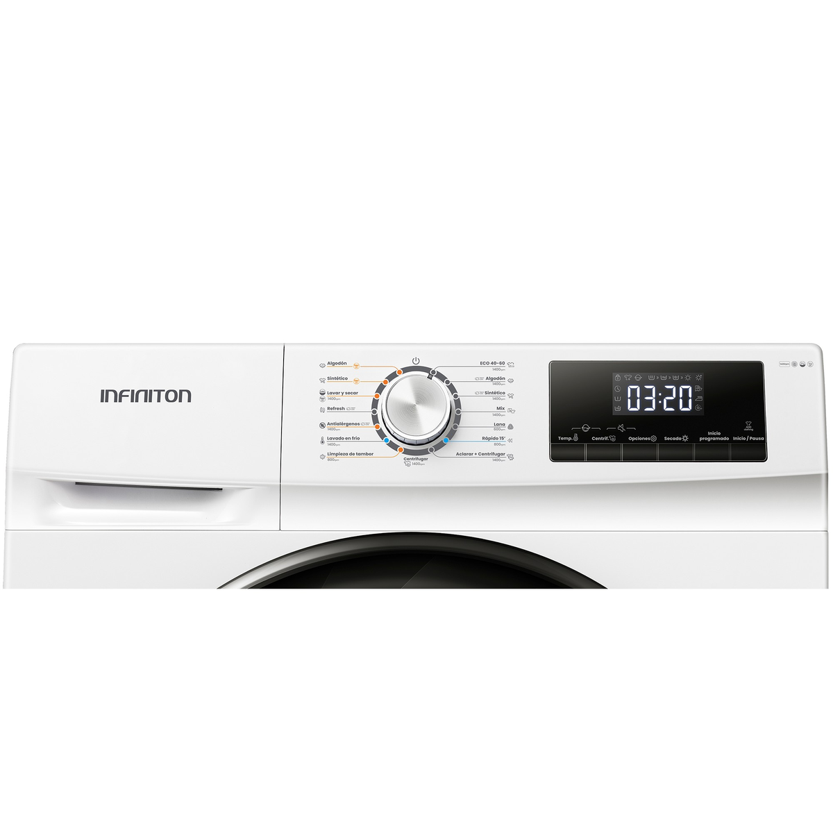 Una lavadora blanca con un panel de control y pantalla digital que muestra '03:20'. El dial tiene opciones de lavado como 'Algodón' y 'Sintético'.
