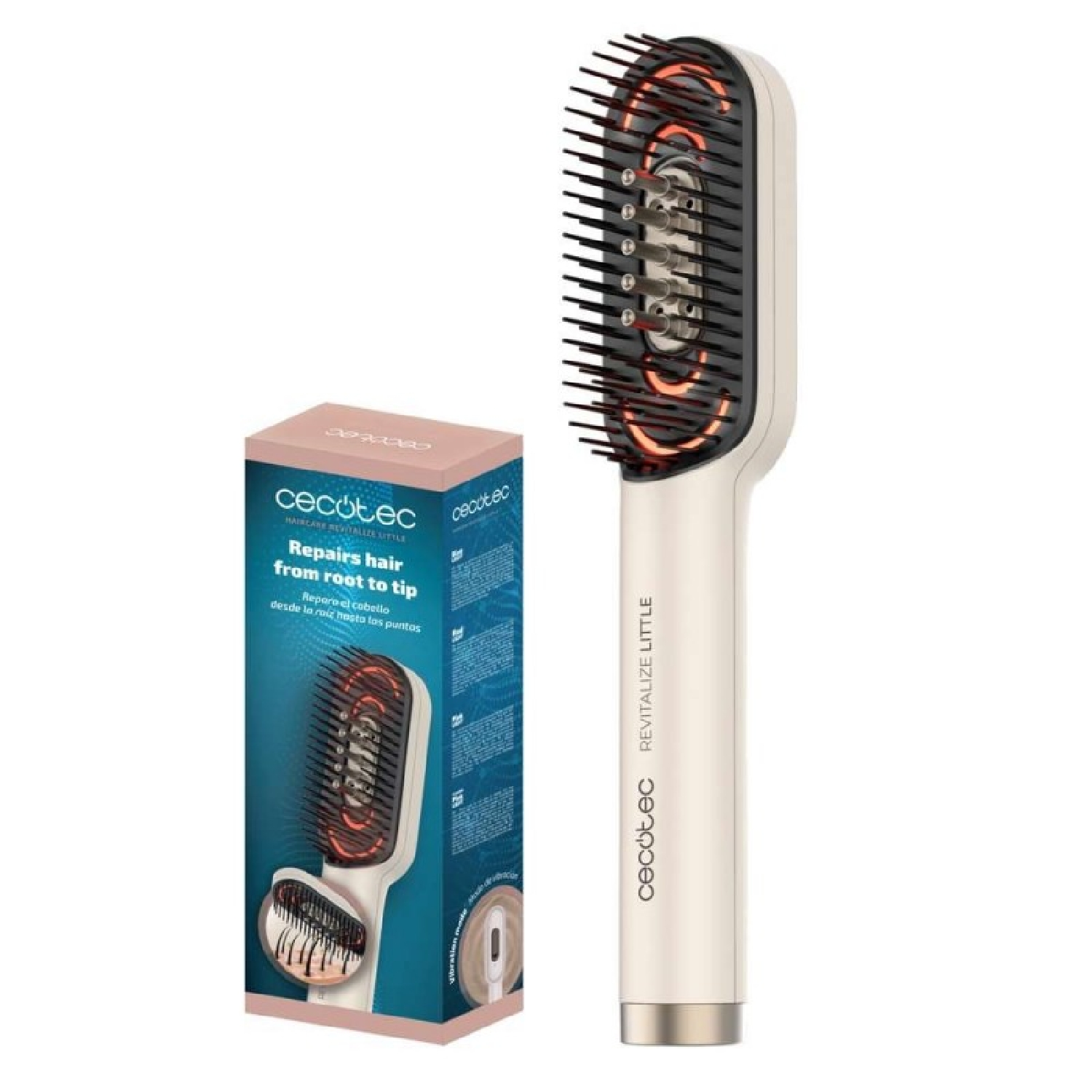 Se muestra una plancha para el cabello y su caja. La plancha es blanca y negra, con elementos calefactores rojos. La caja dice 'Repara el cabello'.