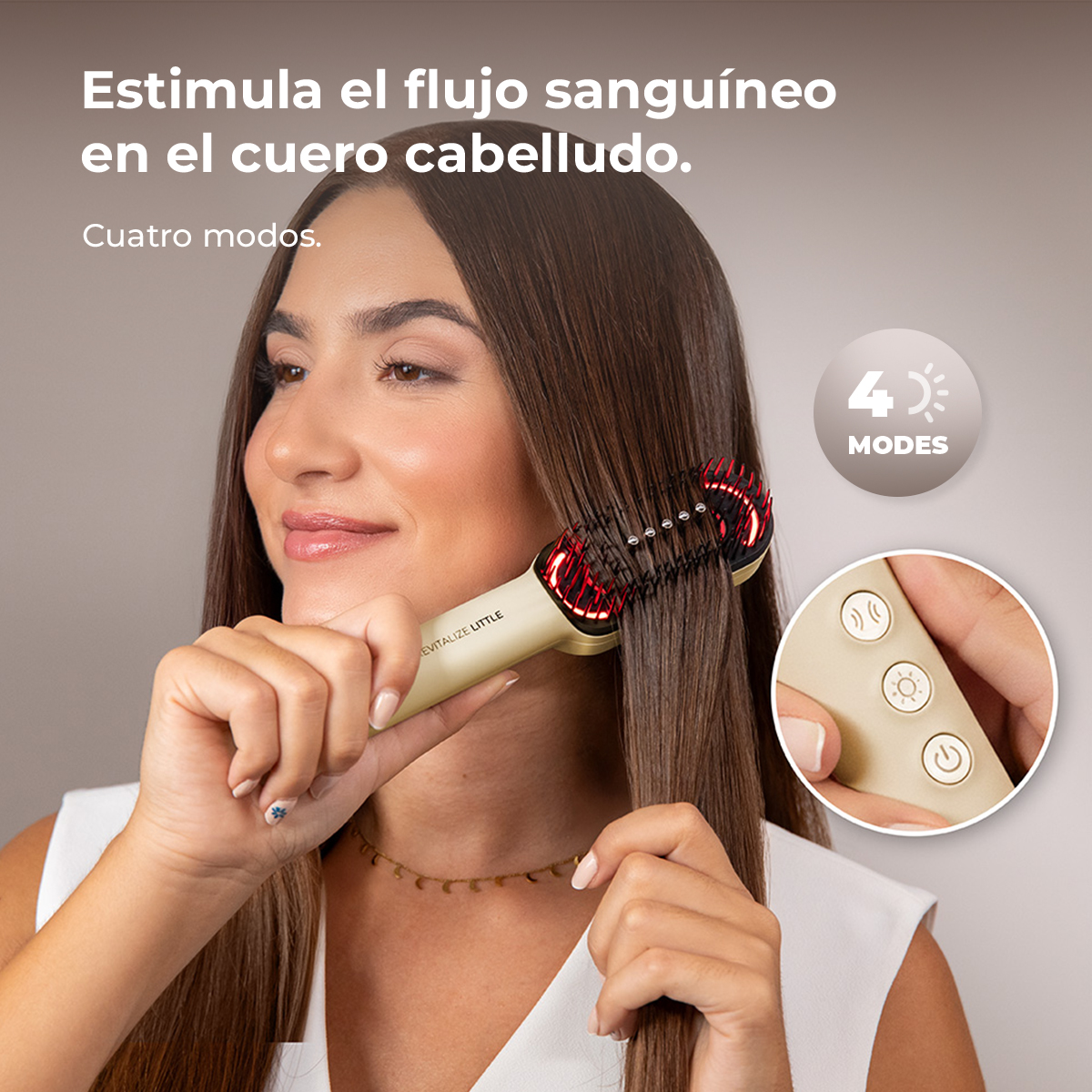 Mujer usa un masajeador capilar. El texto dice 'Estimula el flujo sanguíneo'. El masajeador tiene luces rojas y un panel de control con 4 modos.