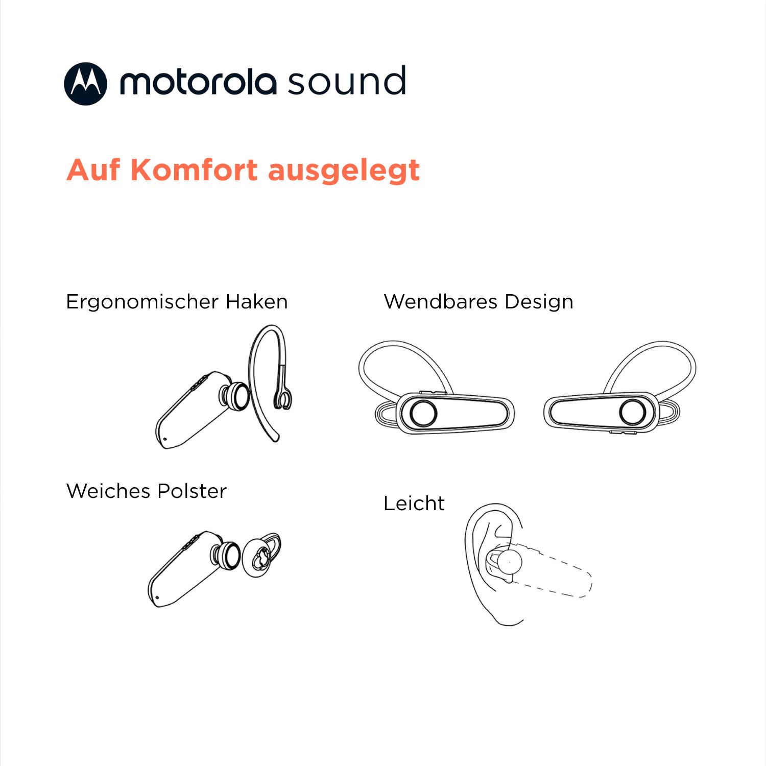 Motorola Sound Logo mit Text. Diagramme von Kopfhörern mit ergonomischem Haken, reversiblem Design, weicher Polsterung und leichtem Design.