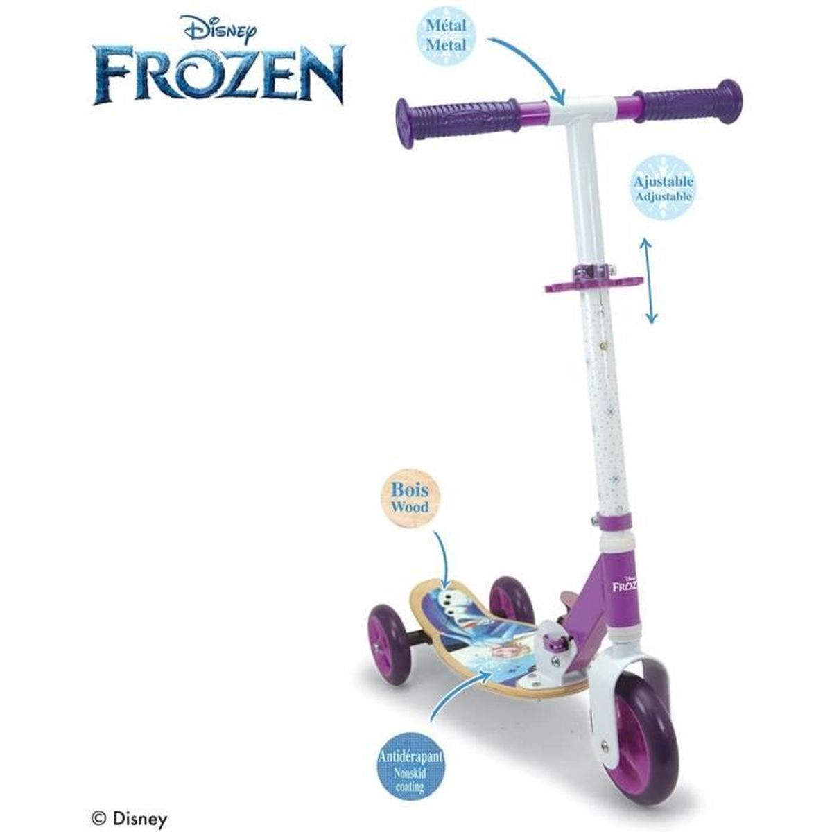 Ein Roller zum Thema Frozen. Er hat eine Holzbasis, lila Räder und einen Lenker. Er ist weiß und lila mit dem Frozen-Logo.
