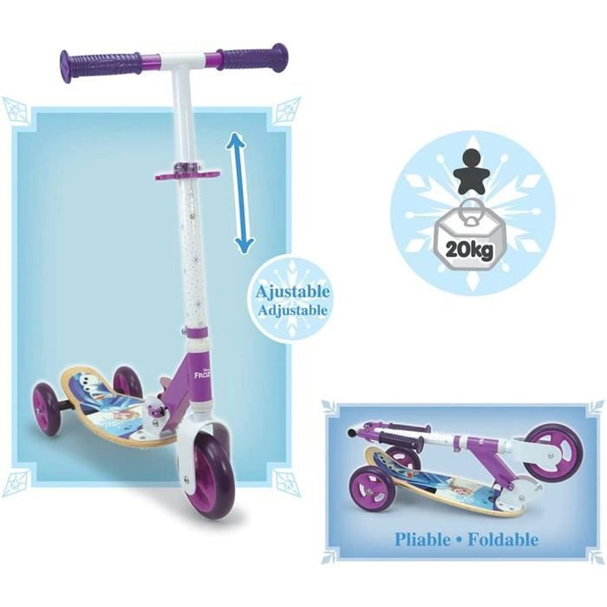 Ein Frozen-Scooter, weiß und lila, mit drei Rädern. Verstellbar und faltbar. Gewichtskapazität 20 kg. Auf blauem Hintergrund beworben.
