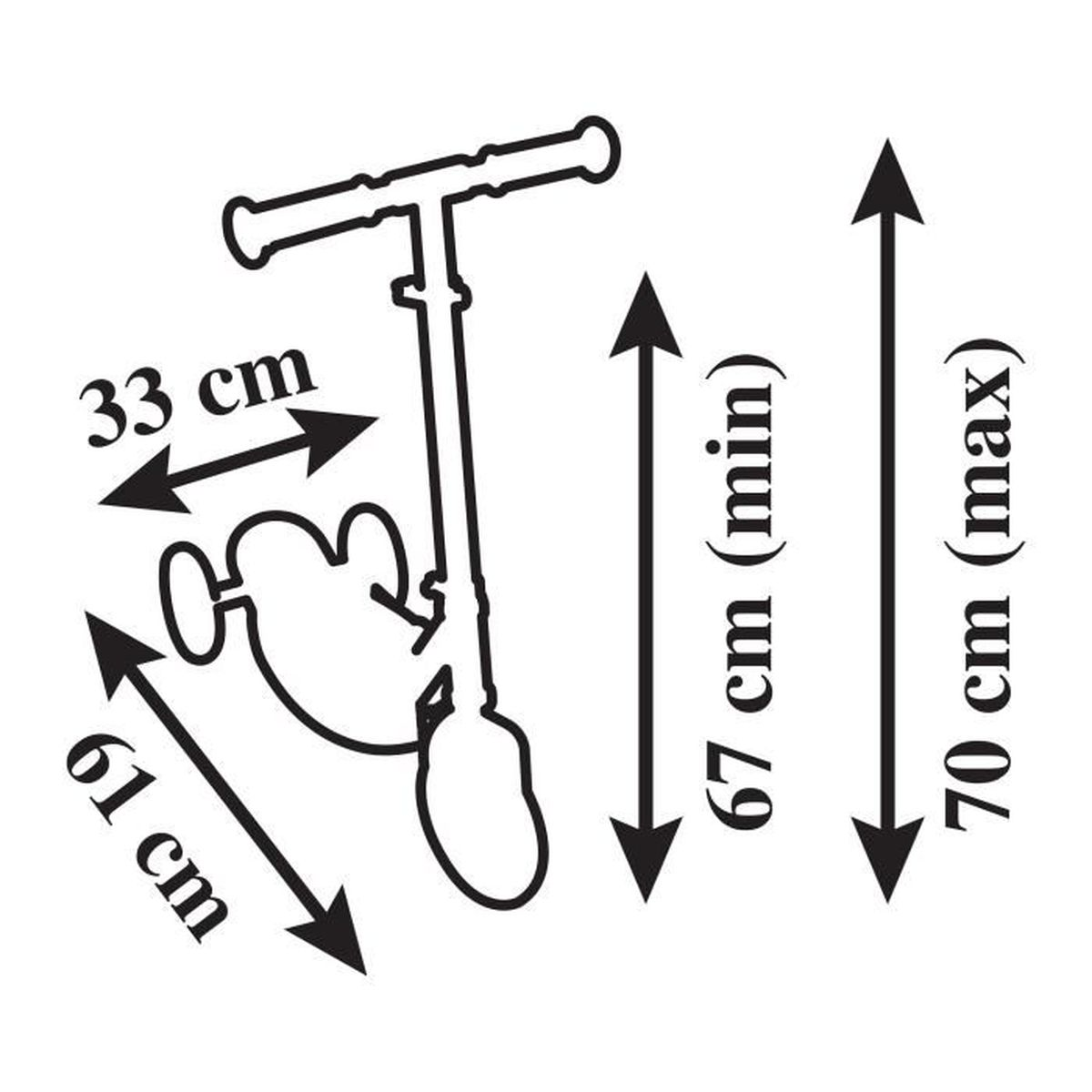 Eine Strichzeichnung eines Rollers mit Pfeilen, die Abmessungen angeben: 33 cm, 61 cm, 67 cm (min) und 70 cm (max).