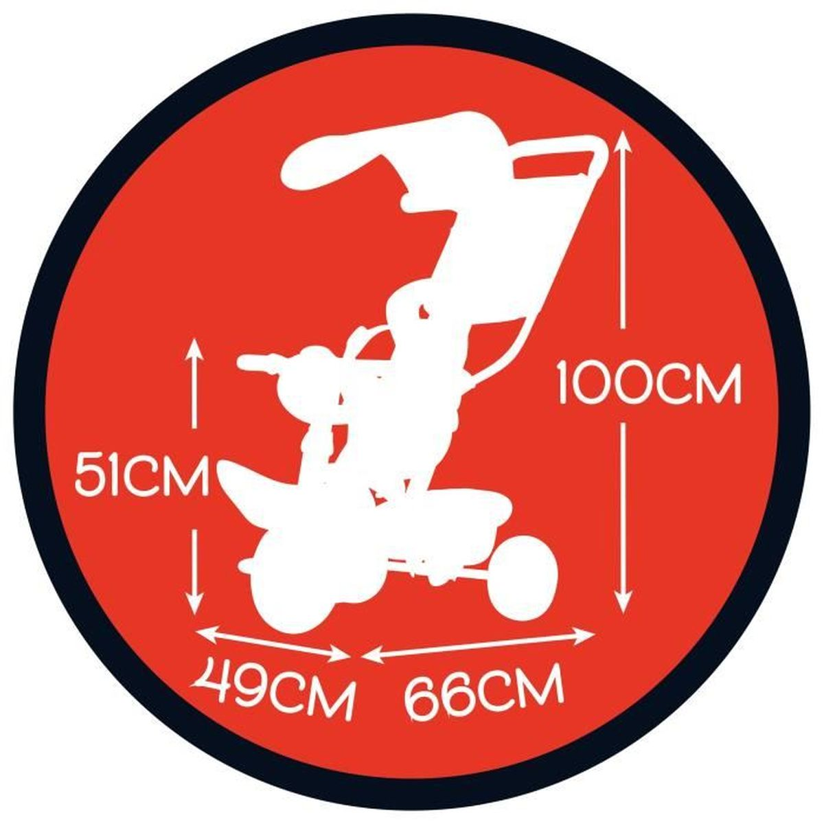 Eine weiße Trikettensilhouette auf einem roten Kreis mit Größenangaben in weißem Text: 51 cm, 100 cm, 49 cm und 66 cm.