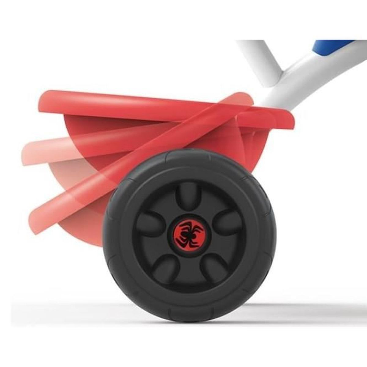Nahaufnahme eines Laufrades für Kinder. Das Rad ist schwarz mit rotem Emblem. Rote Kunststoffstützen und weißer Griff sind sichtbar.