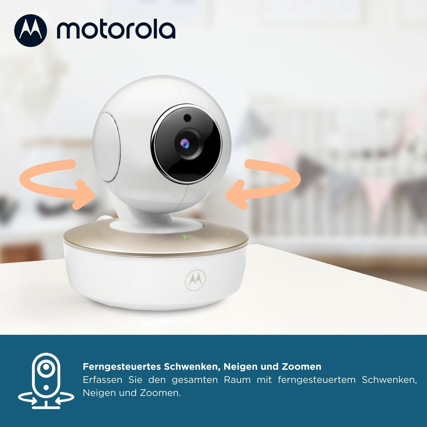 Un monitor de bebé Motorola blanco y dorado con flechas. El texto dice 'Panorámica, Inclinación y Zoom remotos'.