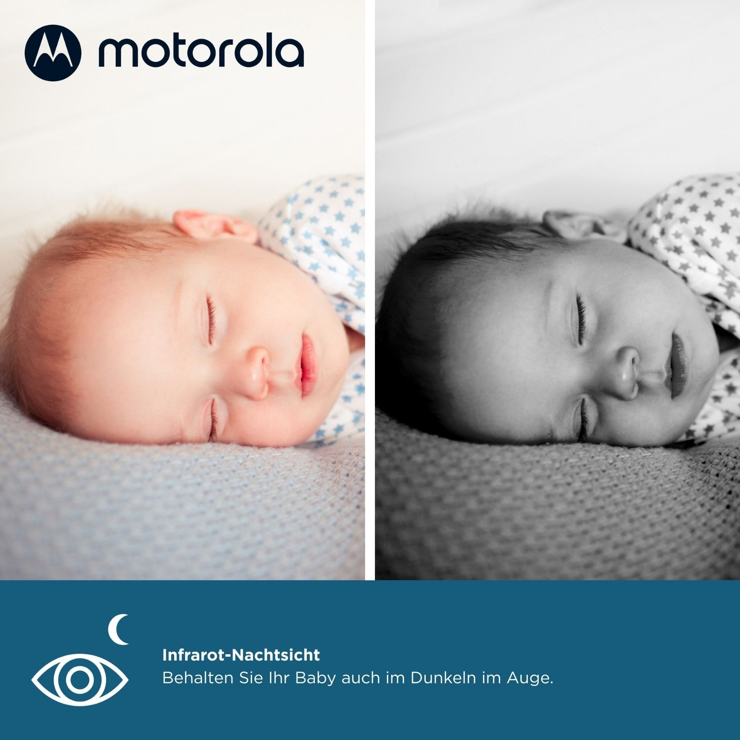 Un bebé durmiendo, dividido en color y escala de grises. Logotipo de Motorola arriba. Texto: Visión nocturna infrarroja, vigila a tu bebé.