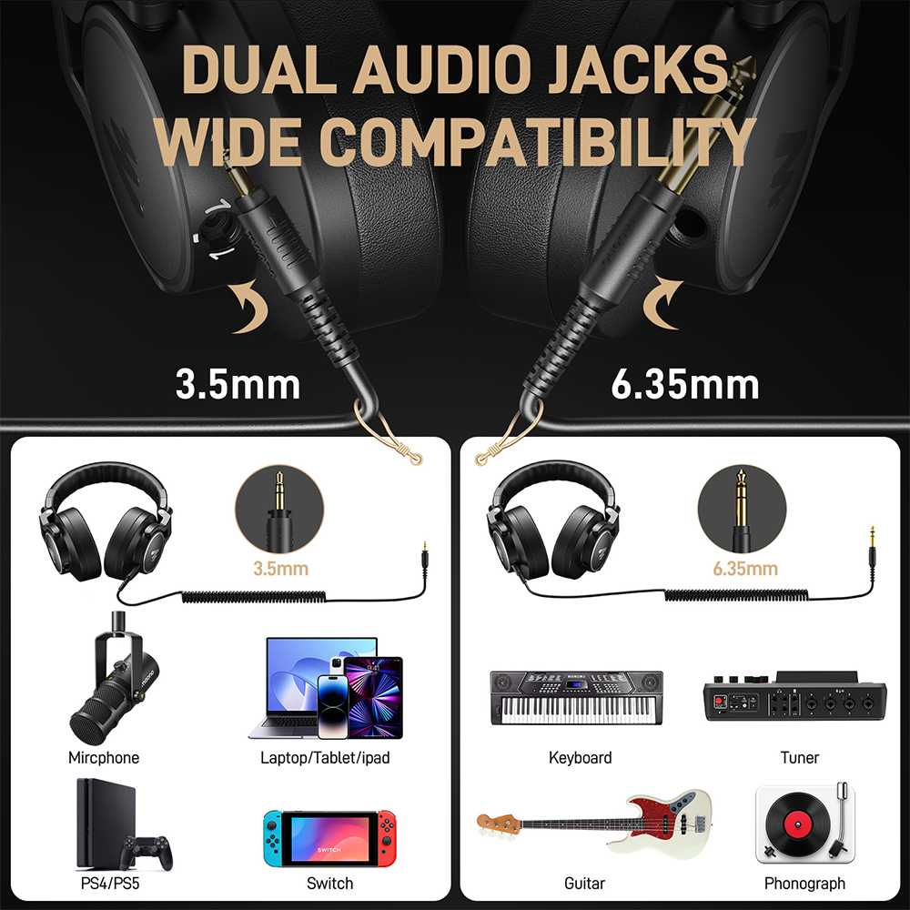 L'immagine mostra le cuffie con jack da 3,5 mm e 6,35 mm, con i dispositivi compatibili qui sotto: microfono, laptop, tastiera, sintonizzatore, PS4, Switch, chitarra, fonografo.