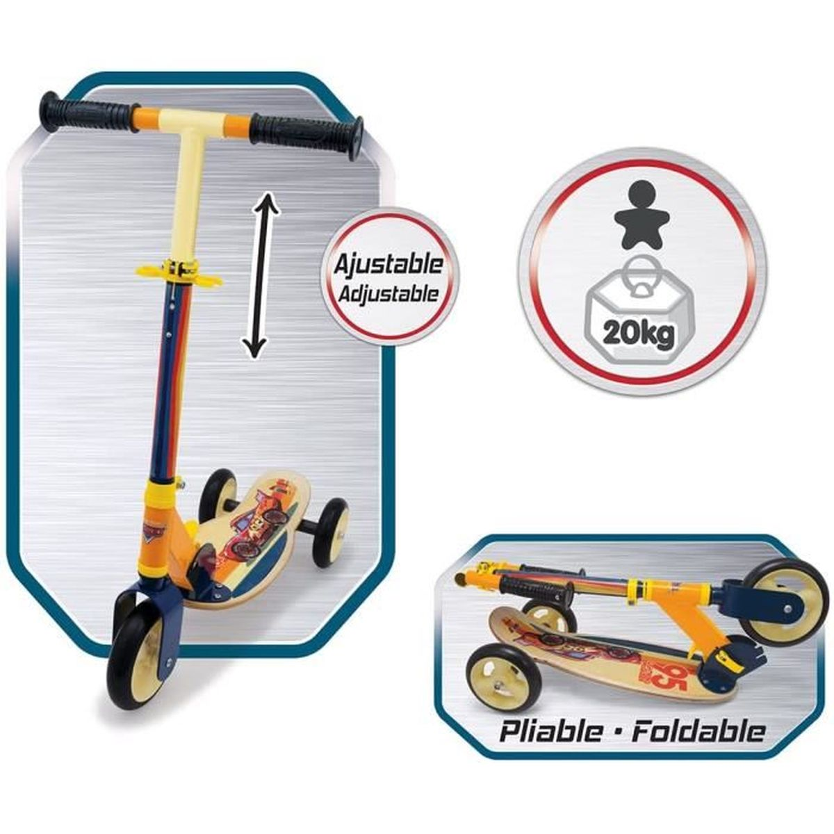 Ein farbenfroher Roller mit drei Rädern, höhenverstellbar und einem Gewichtslimit von 20 kg. Er ist faltbar und hat ein Cartoon-Design.