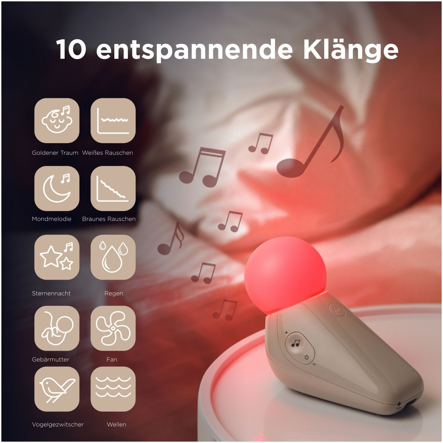 Ein beigefarbener Sound-Maschine mit pinkfarbenem Oberteil. Es hat Knöpfe und Symbole. Es gibt Noten und Symbole für Geräusche wie Regen und Wellen.