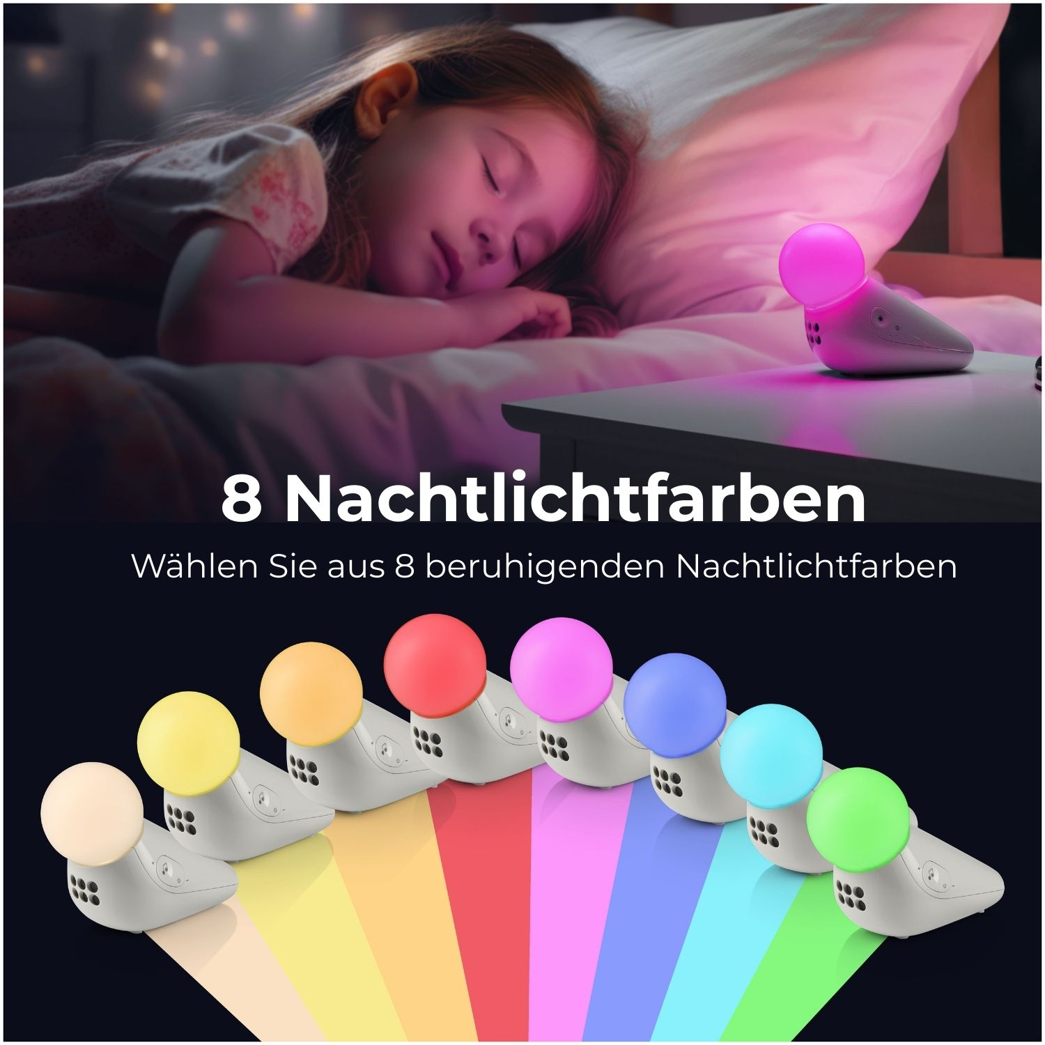 Ein schlafendes Mädchen neben einem Nachtlicht mit 8 Farboptionen. Nachtlichter werden in verschiedenen Farben angezeigt, mit Textüberlagerung.