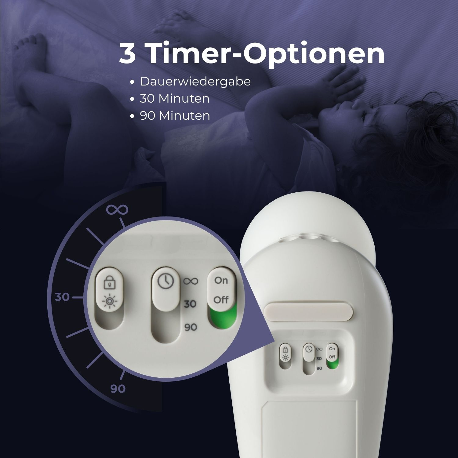 Das Bild zeigt einen Timer mit Optionen: Dauerbetrieb, 30 und 90 Minuten. Im Hintergrund ist ein schlafendes Kind zu sehen.