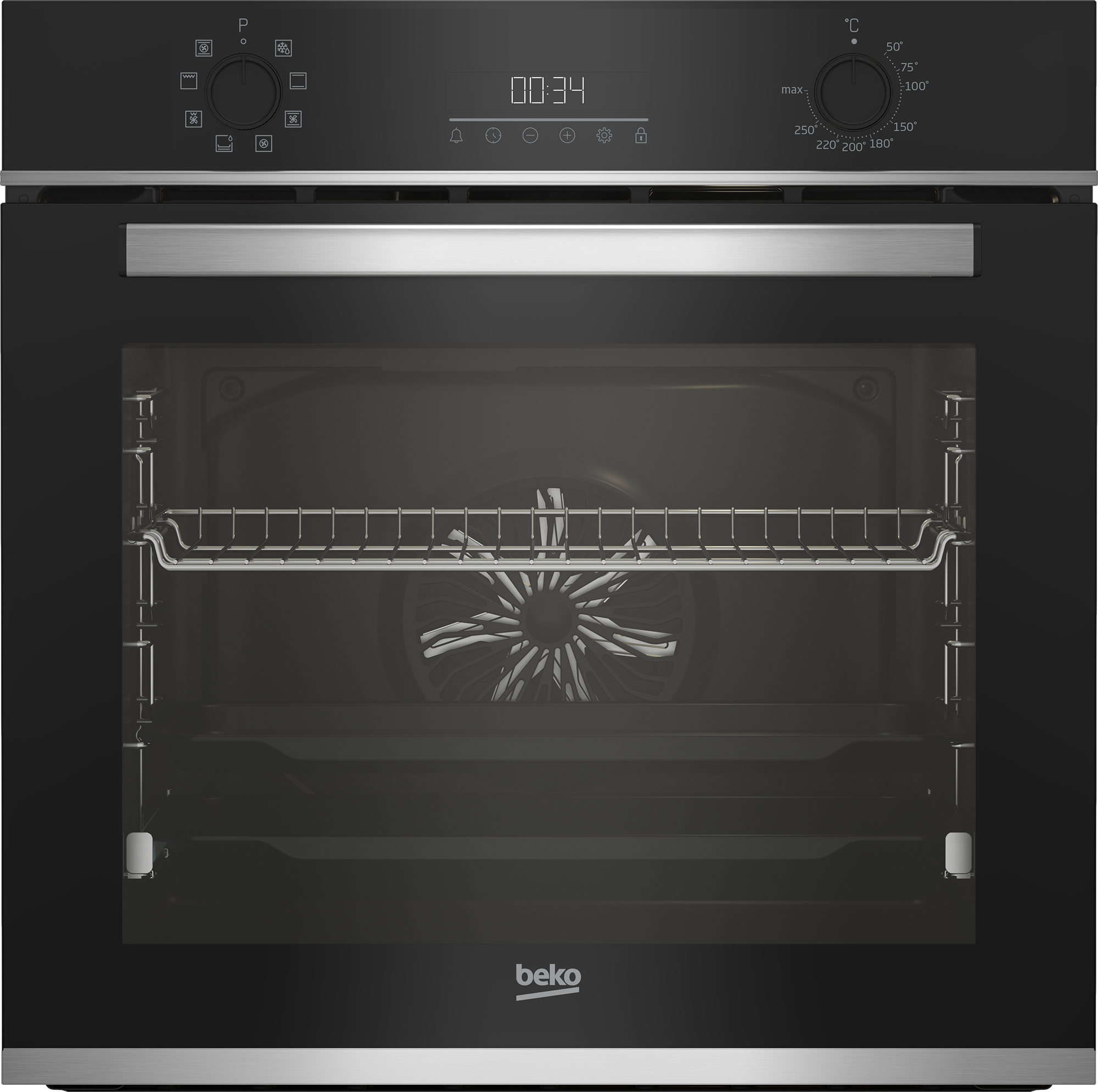 Un horno con puerta de cristal. En el interior hay una rejilla y un ventilador. Arriba, mandos y una pantalla digital.