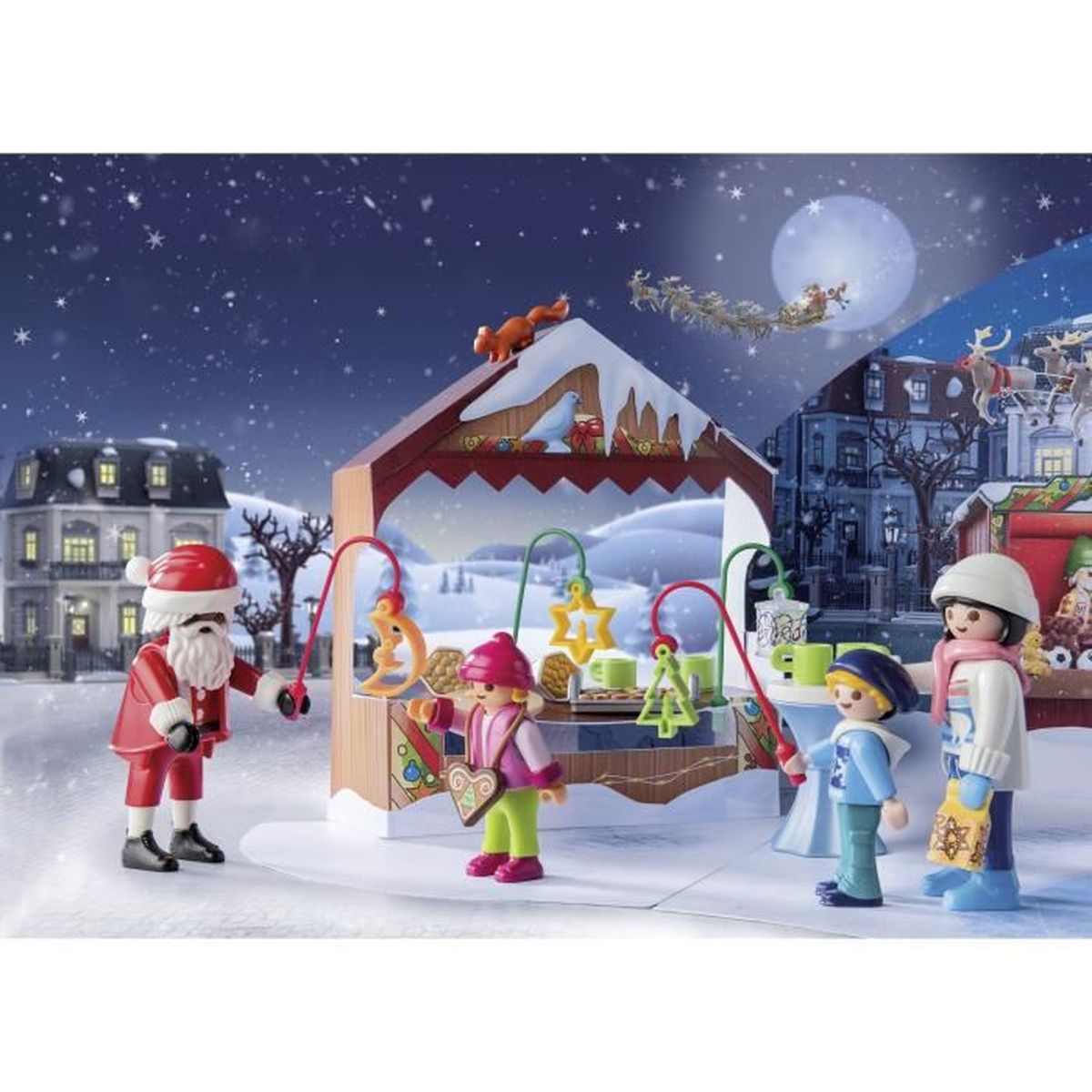 Eine Weihnachtsszene mit Santa, Kindern und Ständen. Schnee fällt unter einem Sternenhimmel mit Vollmond und dem Schlitten des Weihnachtsmanns.