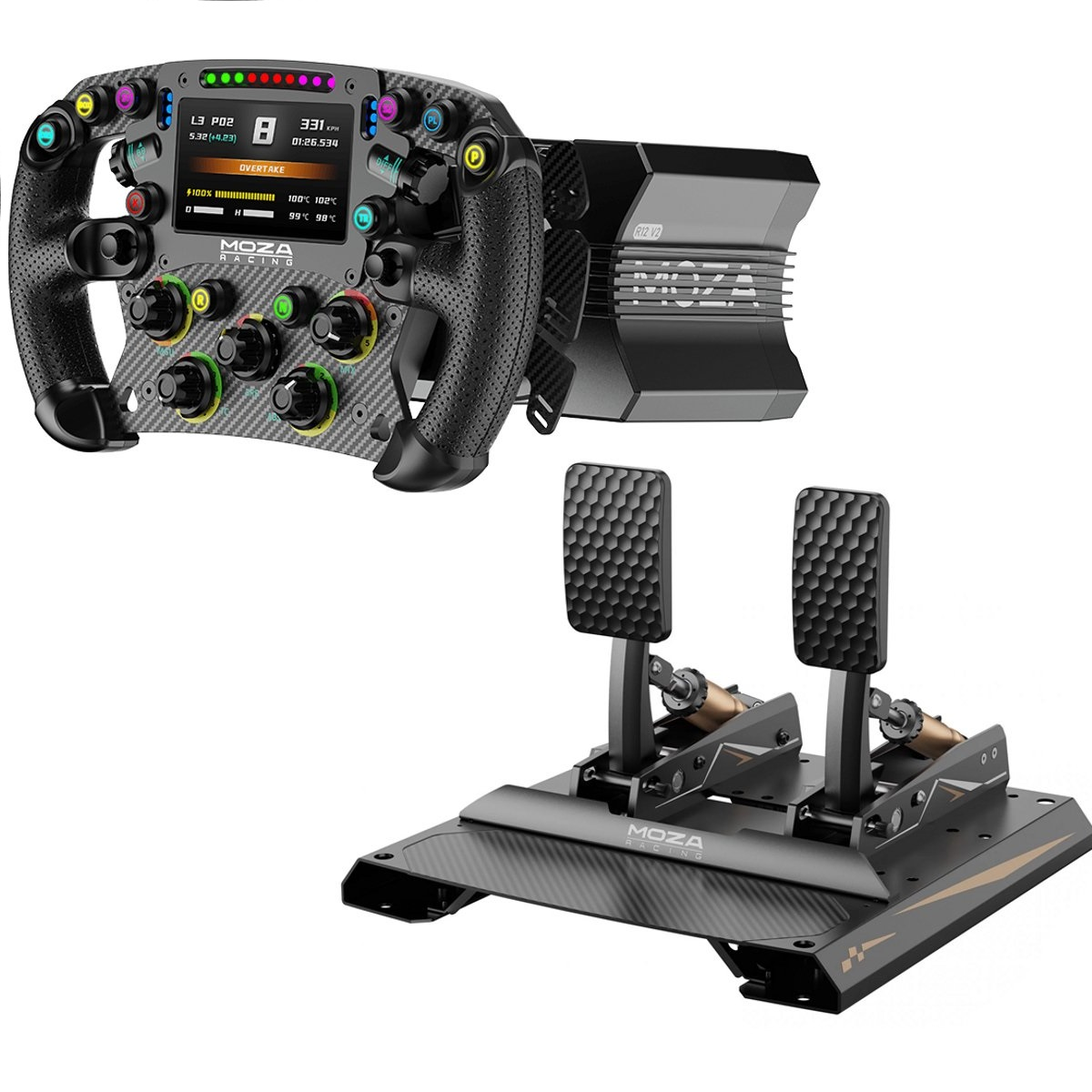Un ensemble de simulateur de course, comprenant un volant, un moteur et un jeu de pédales, tous de la marque MOZA RACING.