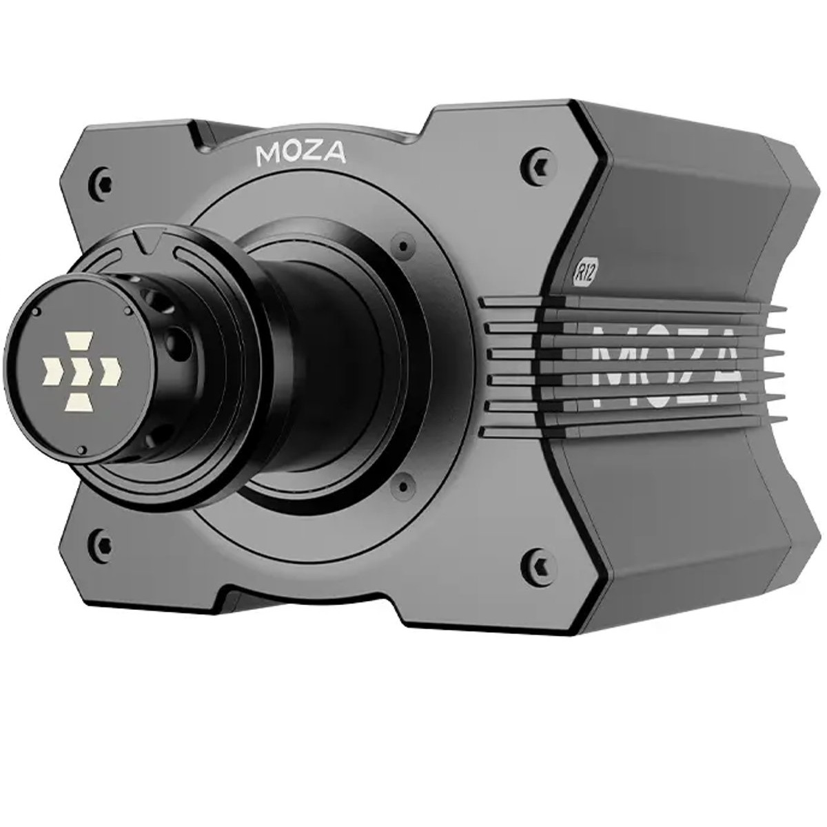 Une base de volant de course MOZA R12 noire. Elle a un devant rond avec un logo et un dos rectangulaire avec le logo MOZA.