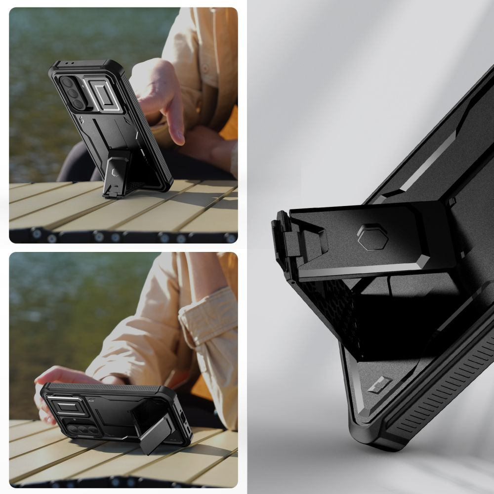 Eine schwarze Handyhülle mit Ständer wird in mehreren Ansichten gezeigt. Eine Person hält das Telefon. Hintergrund zeigt einen Holztisch und Wasser.