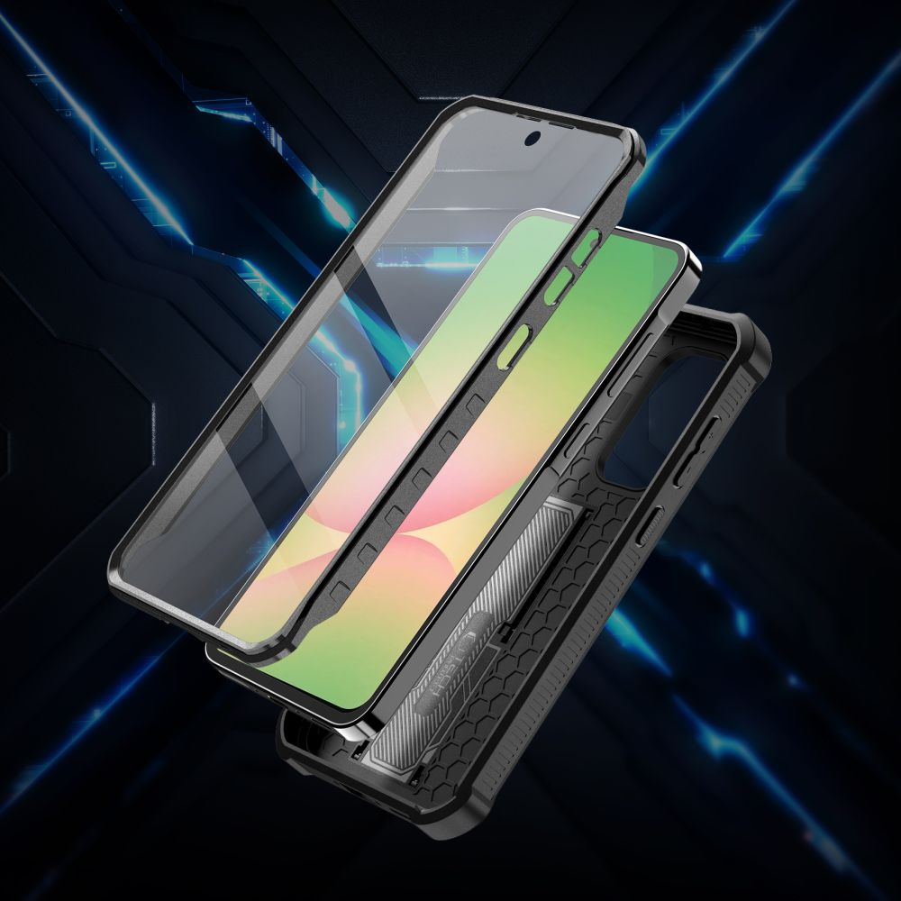 Dreischichtige Handyhülle. Sie verfügt über eine Displayschutzfolie, einen Telefonbildschirm und eine Schutzhülle. Der Hintergrund ist dunkel mit blauen Linien.