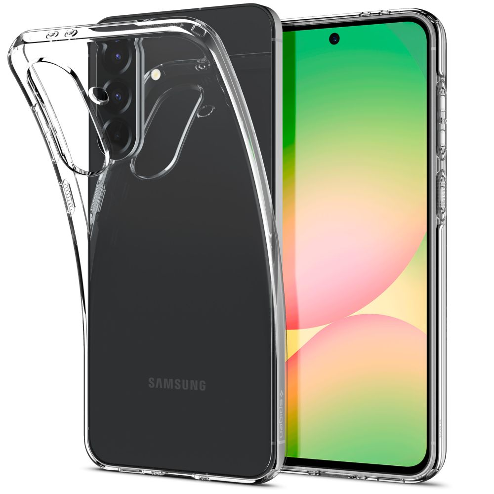 A clear phone case over a smartphone. The phone's screen displays a gradient of green and pink.
