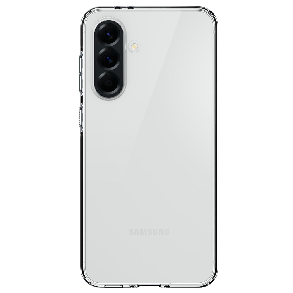 A white smartphone with a clear case. It has three camera lenses and a flash on the back.