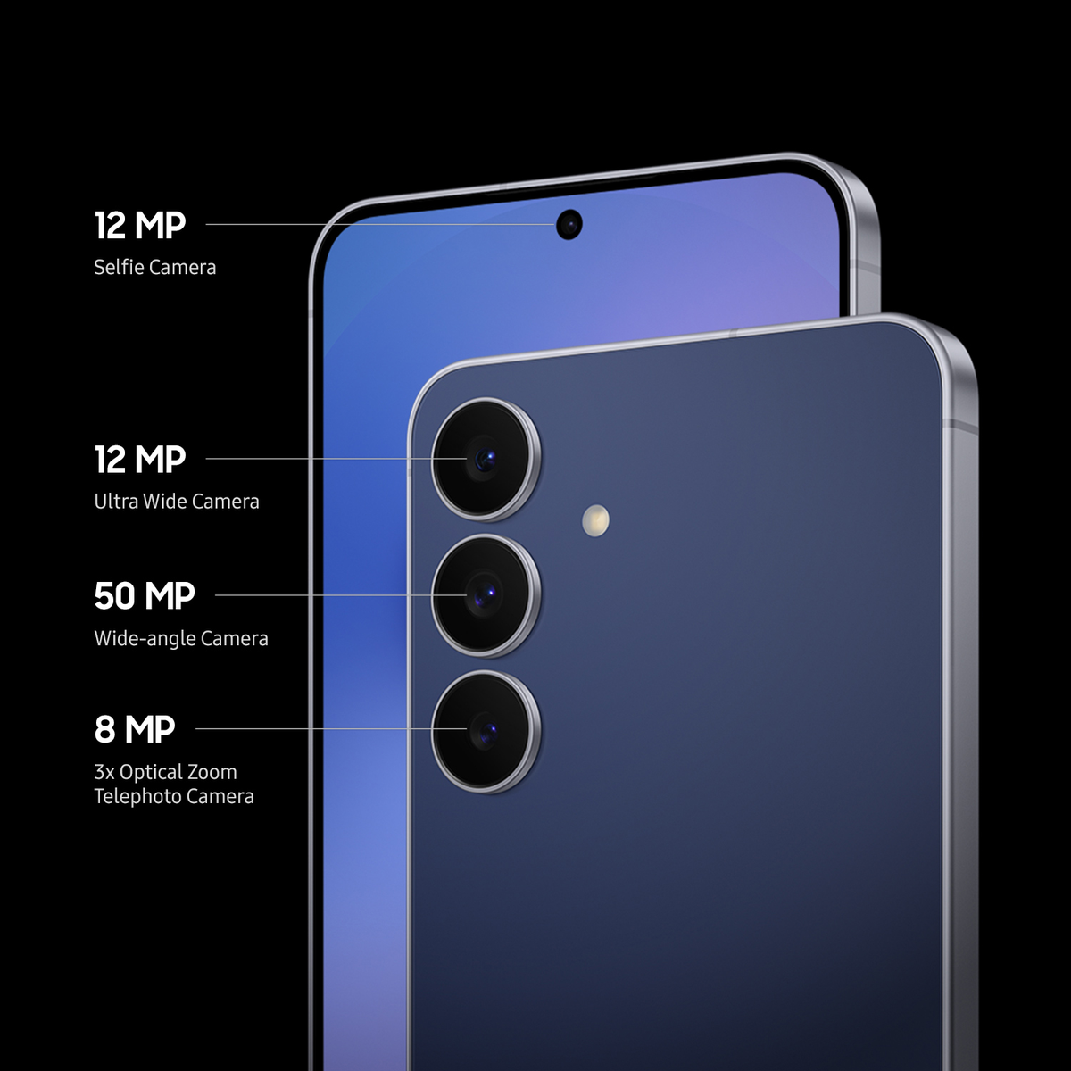 Uno smartphone mostra i dettagli della fotocamera: selfie da 12MP, ultra grandangolo da 12MP, grandangolo da 50MP e teleobiettivo da 8MP con zoom ottico 3x.