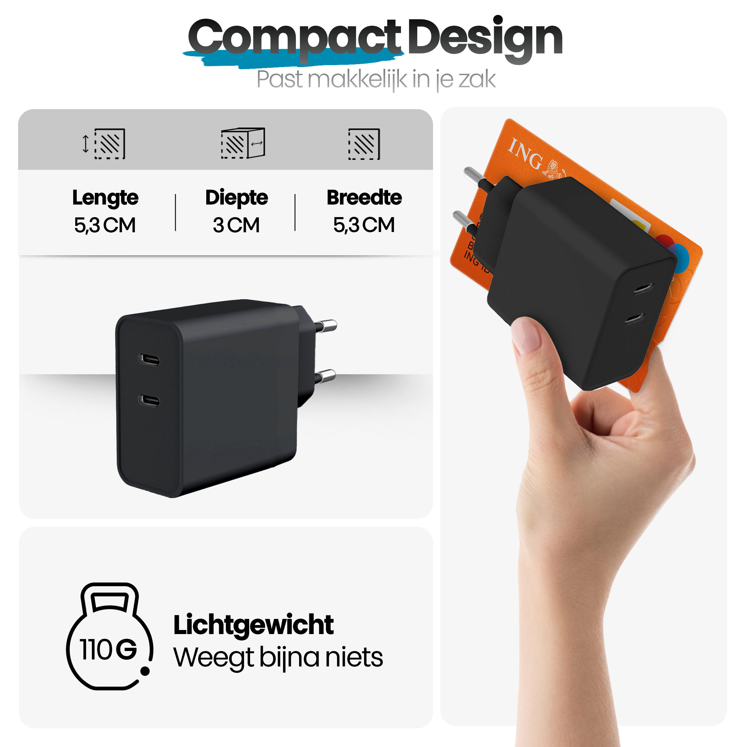 Een hand houdt een zwarte oplader vast naast een oranje ING-creditcard. De oplader heeft USB-C-poorten.