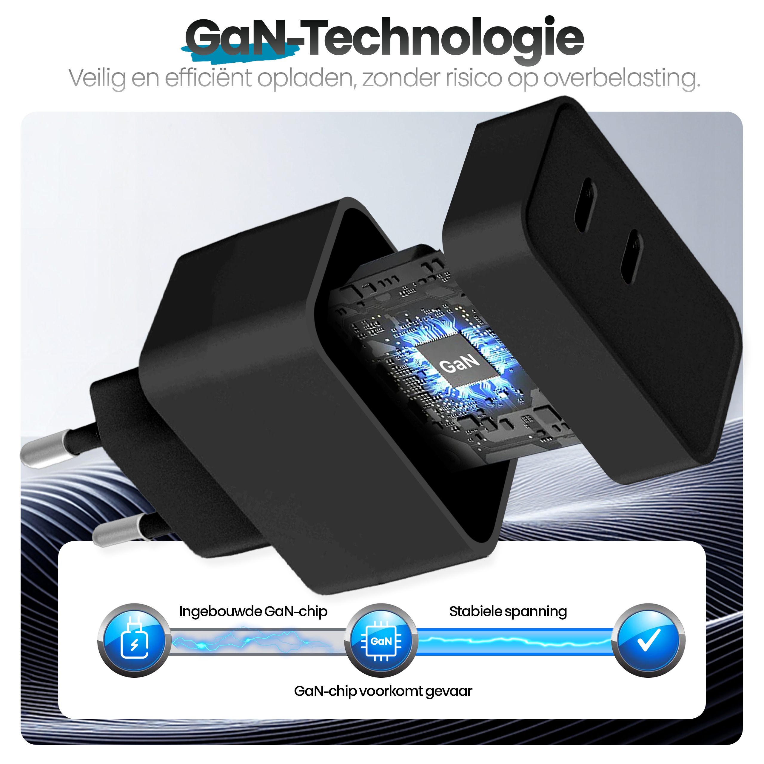 Zwarte oplader met GaN-technologie. Het heeft een open zicht op de interne chip. Het belooft veilig en efficiënt opladen.