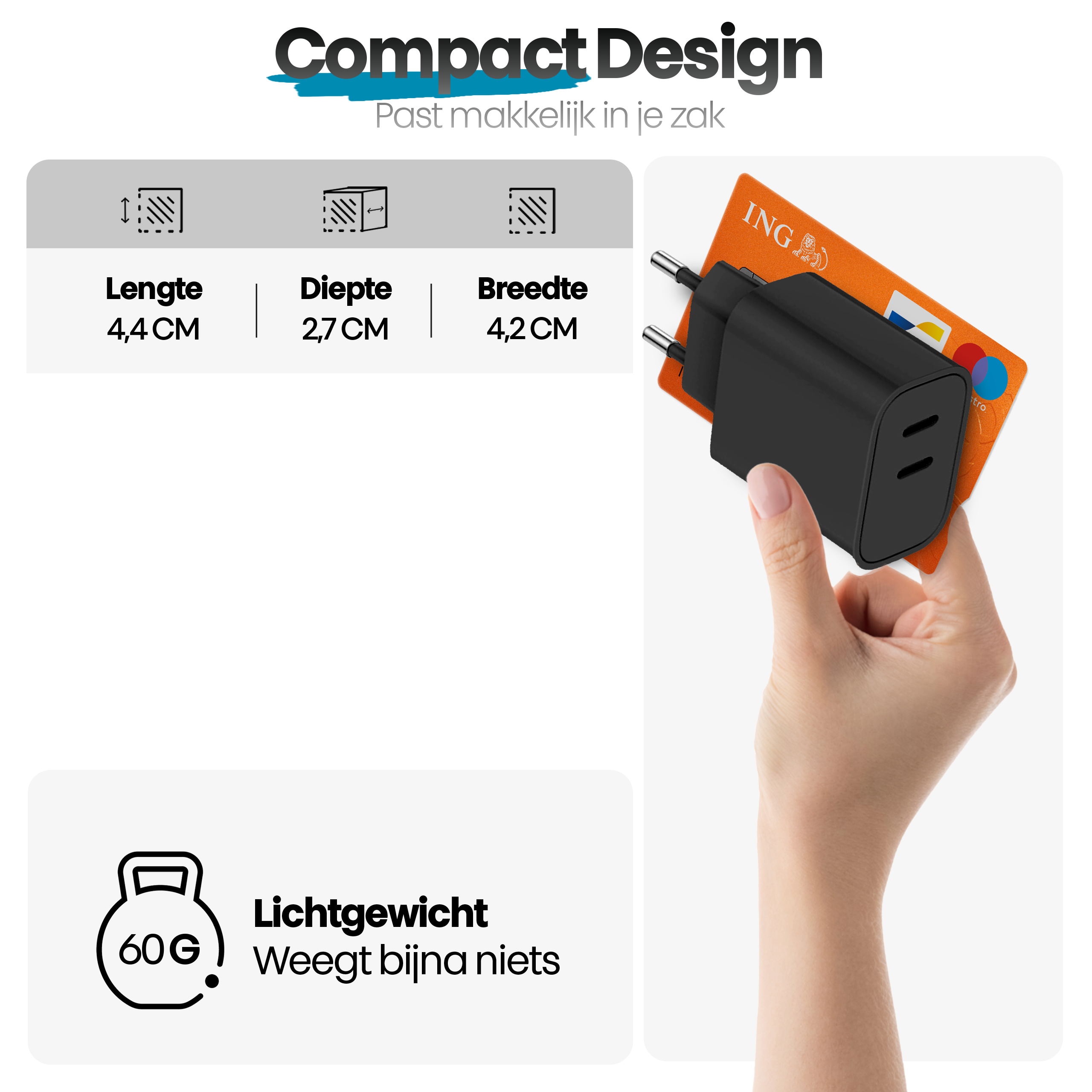 Een hand houdt een zwarte oplader en een oranje ING creditcard vast. Tekst bevat afmetingen en gewicht.