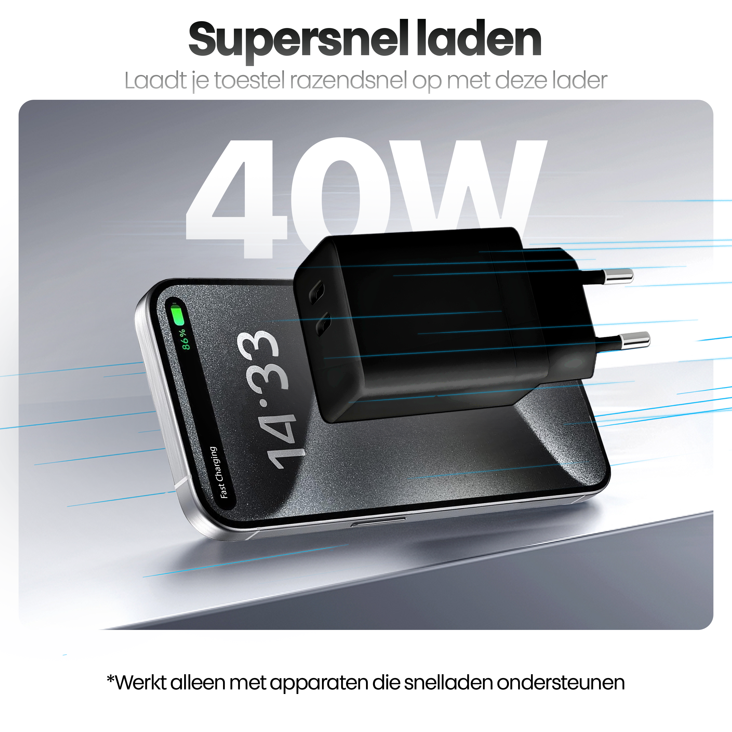 Afbeelding toont een telefoon die oplaadt met een 40W oplader. Het scherm toont 14:33 en 86% batterij.