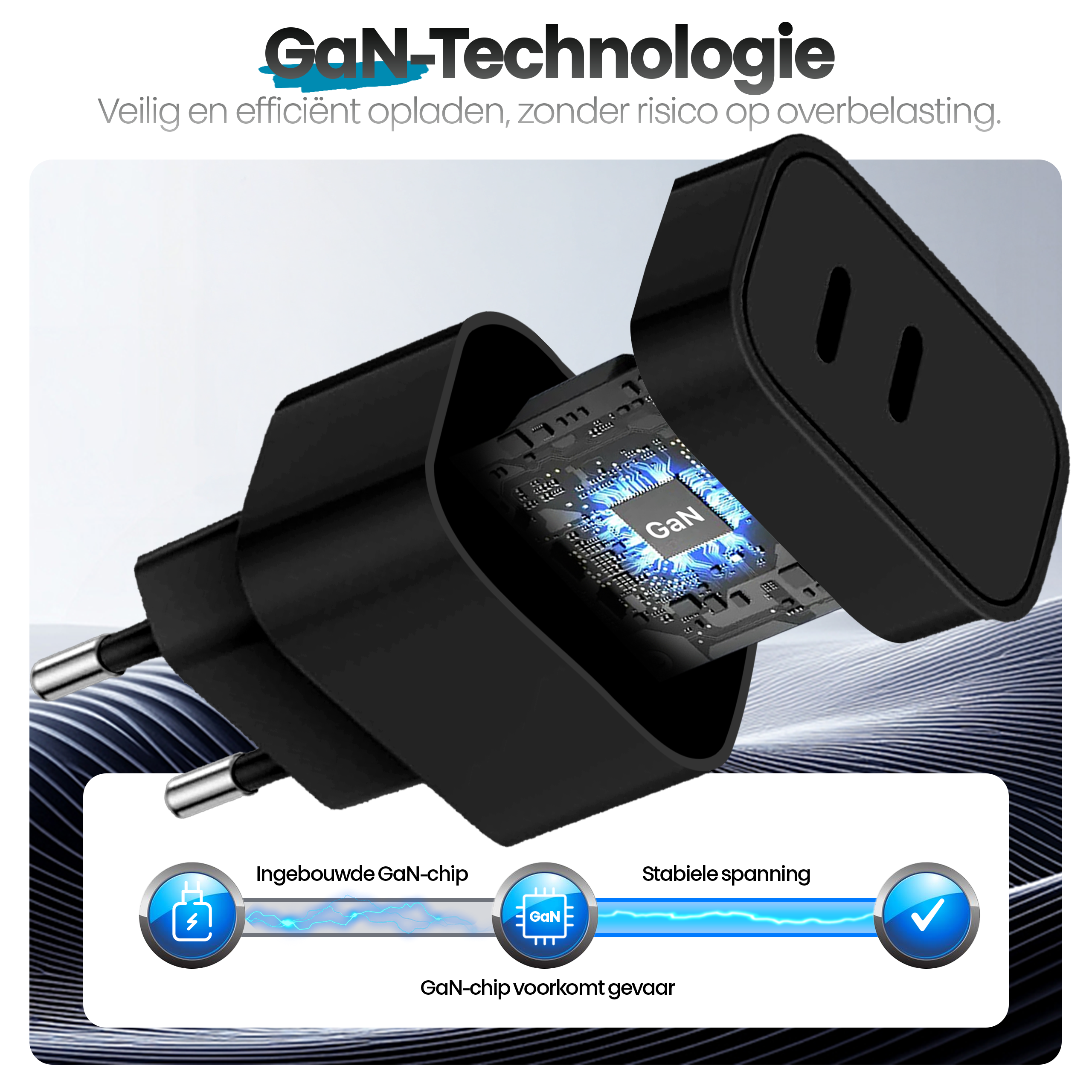 Zwarte oplader met GaN-technologie, met chip en functies. Tekst: 'veilig opladen' en 'geen overbelasting'.