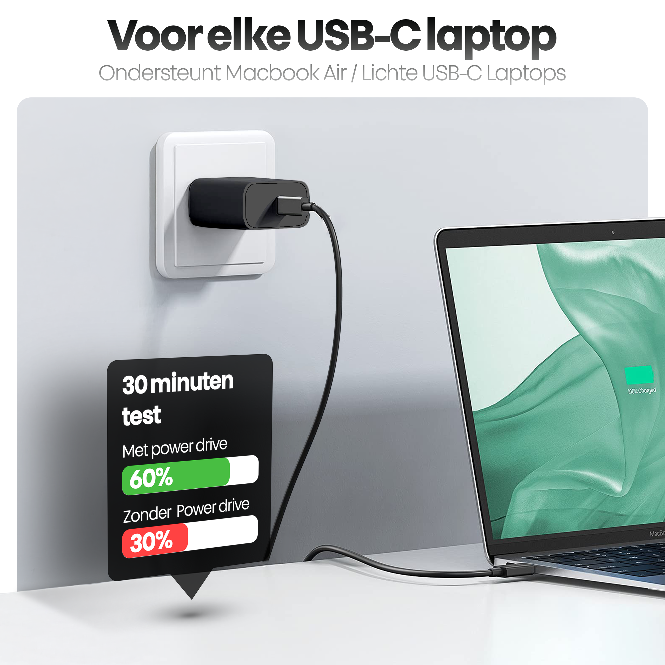 Een laptop wordt opgeladen. Een zwarte oplader is aangesloten op een muur. Een tekstvak toont de laadsnelheid.