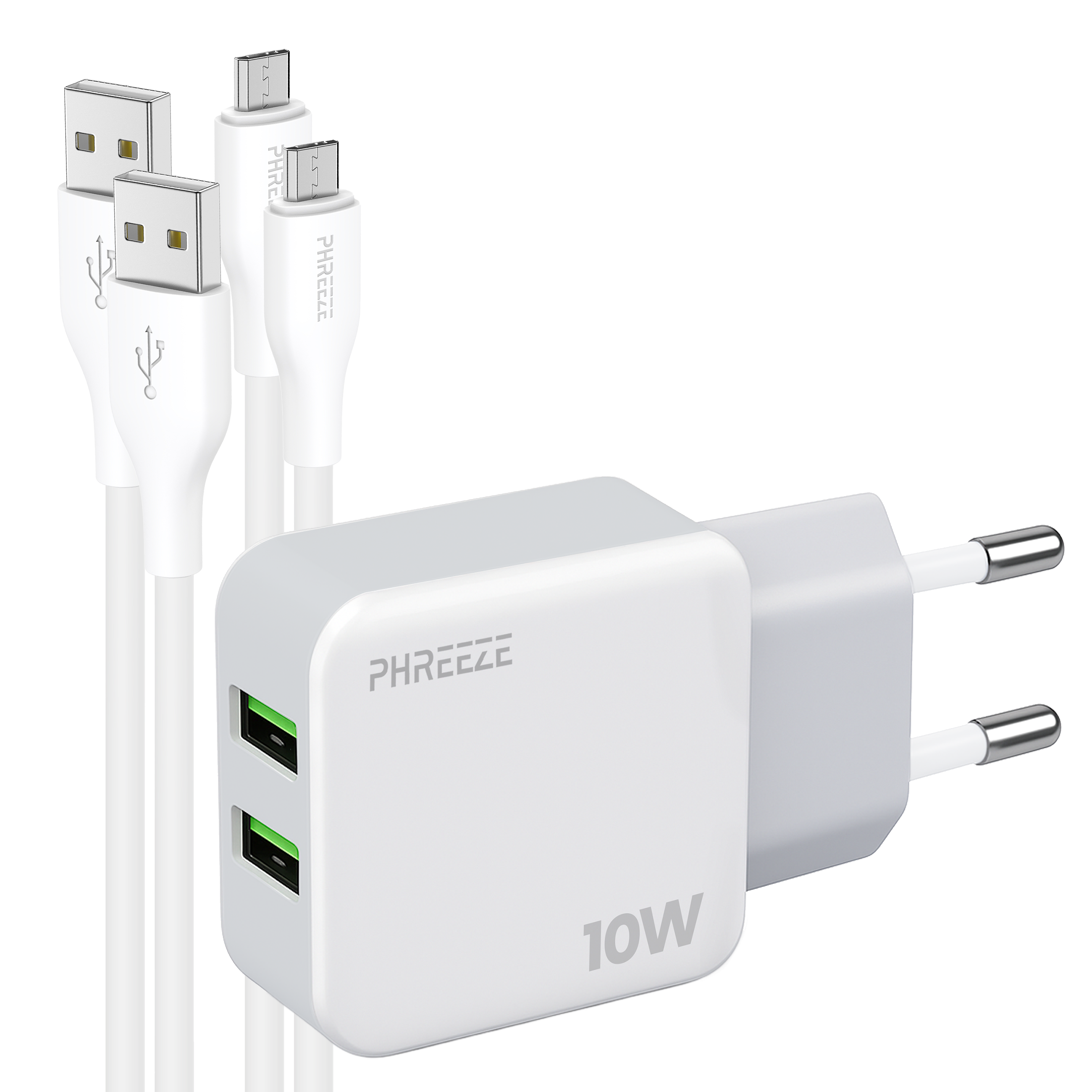 Witte oplader met twee USB-poorten, drie witte USB-kabels. De oplader heeft een stekker en zegt 10W. PHREEEZE is geschreven.