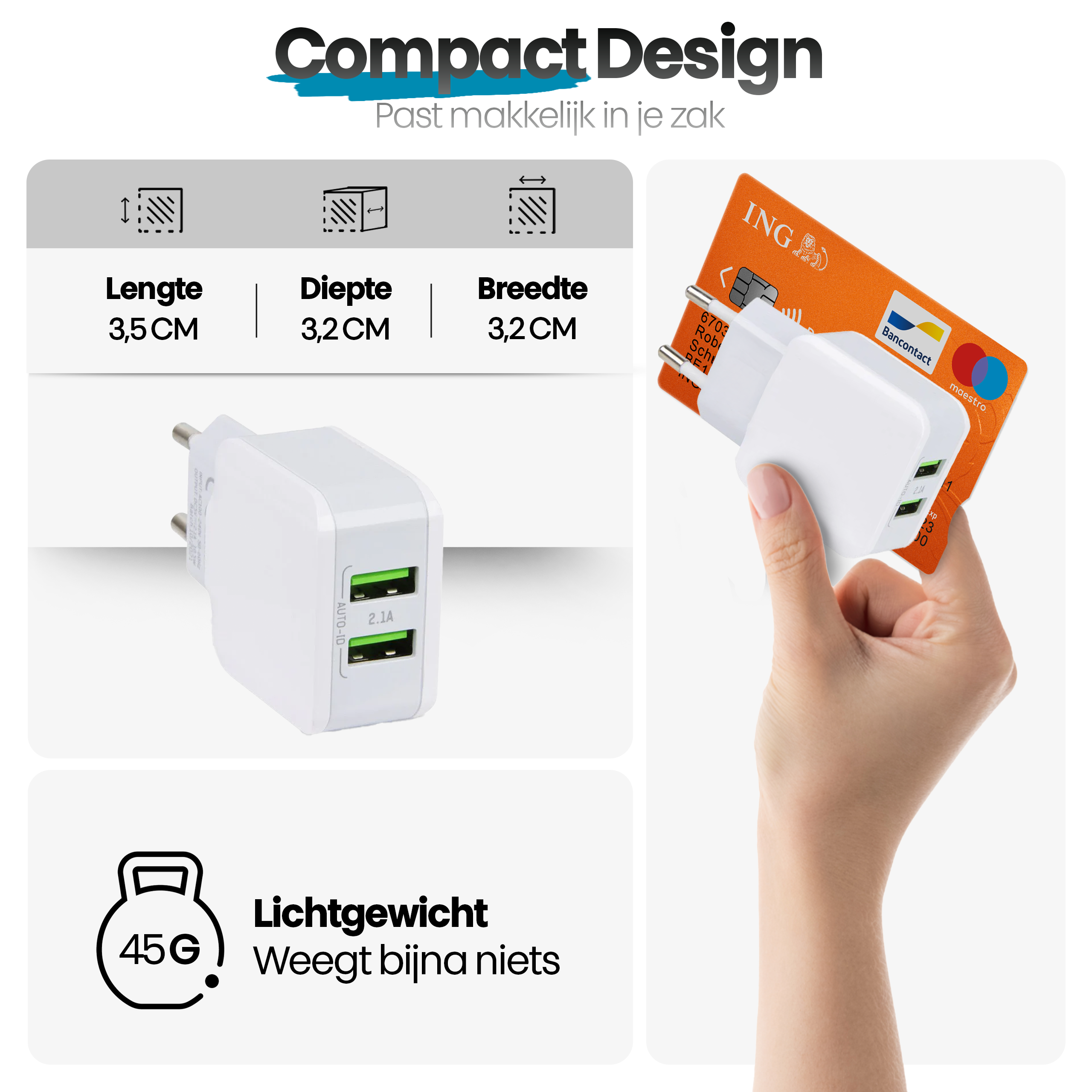 Een witte oplader in de hand naast een ING-creditcard. De oplader heeft twee USB-poorten.