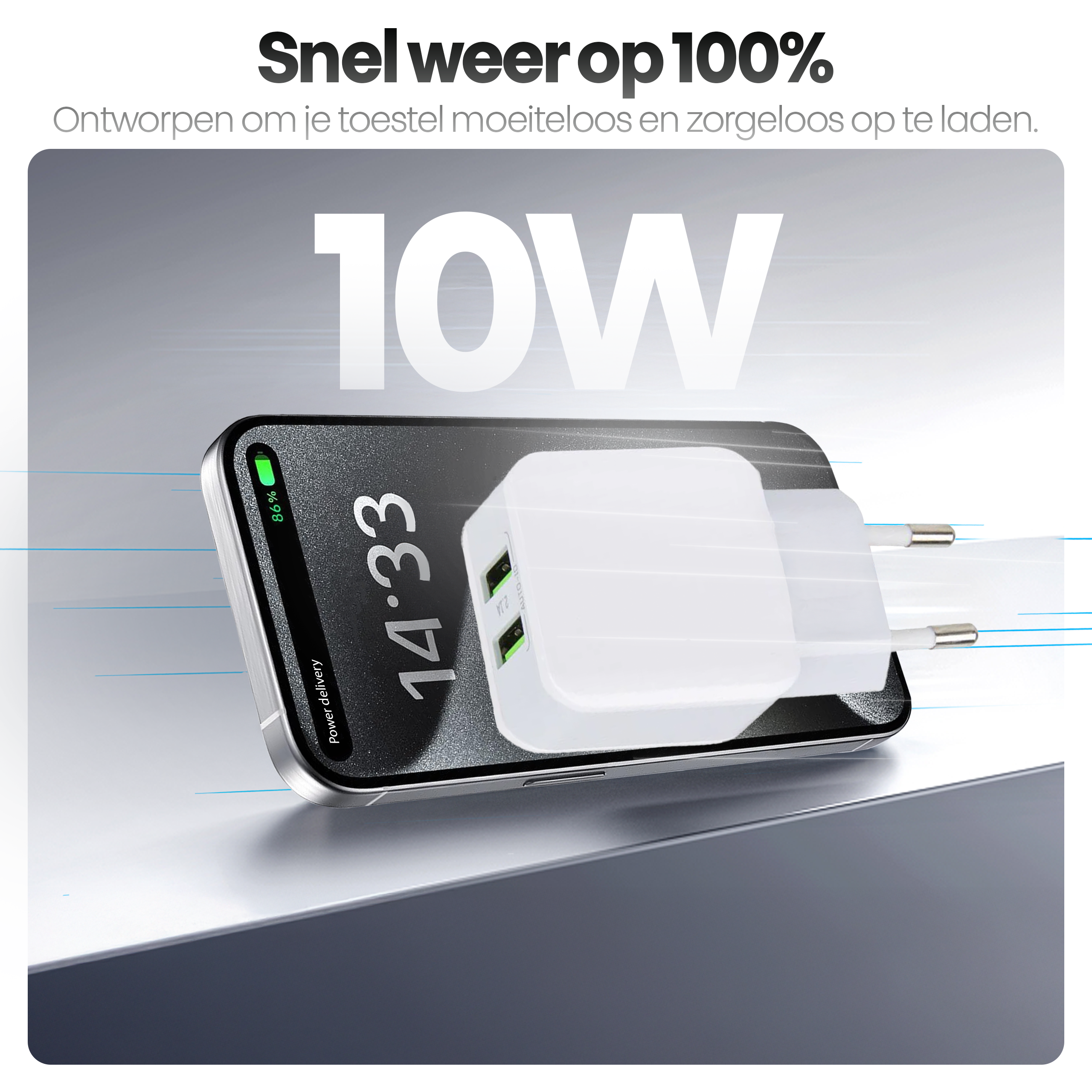 Een telefoon toont 14:33, 86% batterij. Een witte oplader is aangesloten op de telefoon, met de tekst 10W.