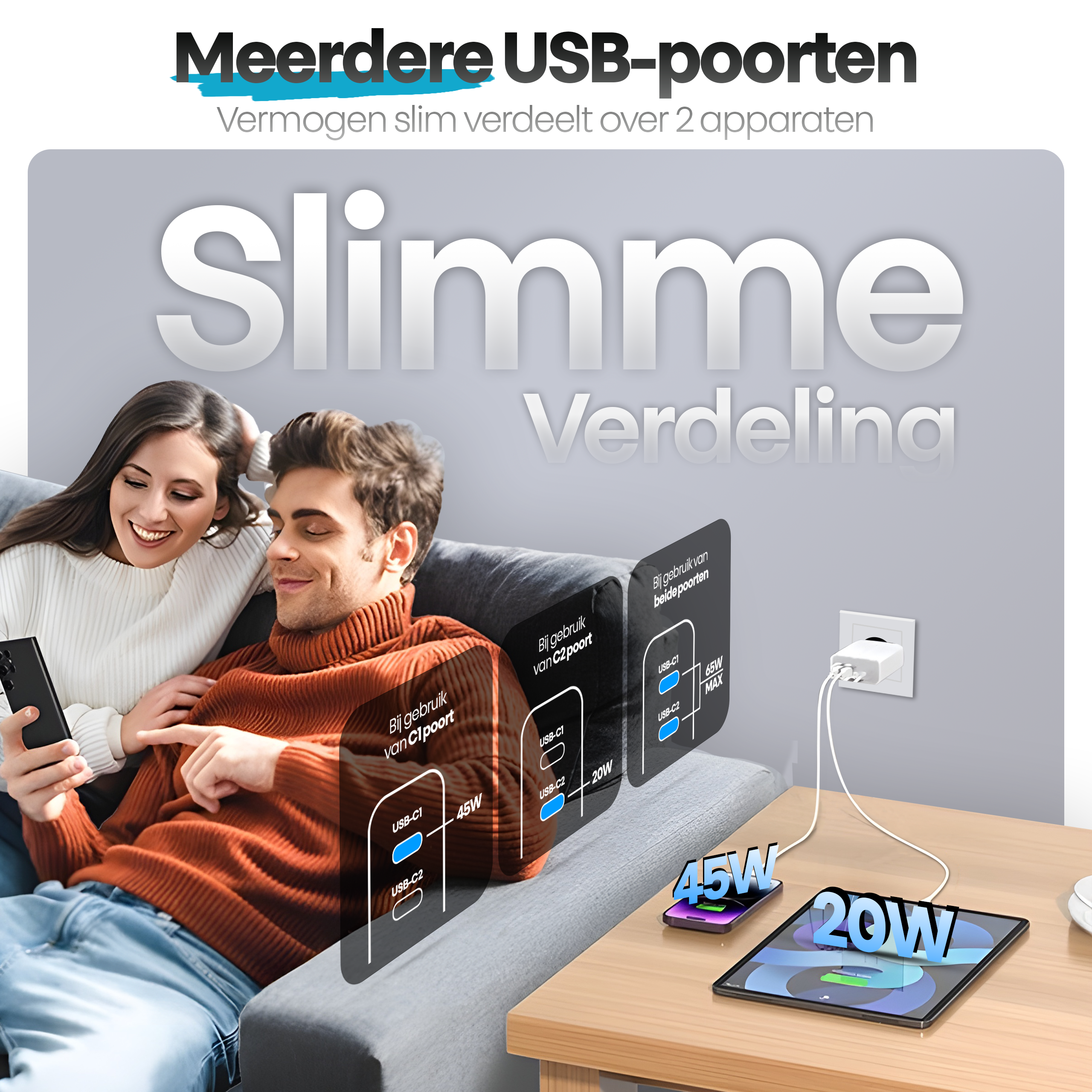 Een stel op een bank met een telefoon, apparaten opladen op een tafel en tekst over USB-poorten.