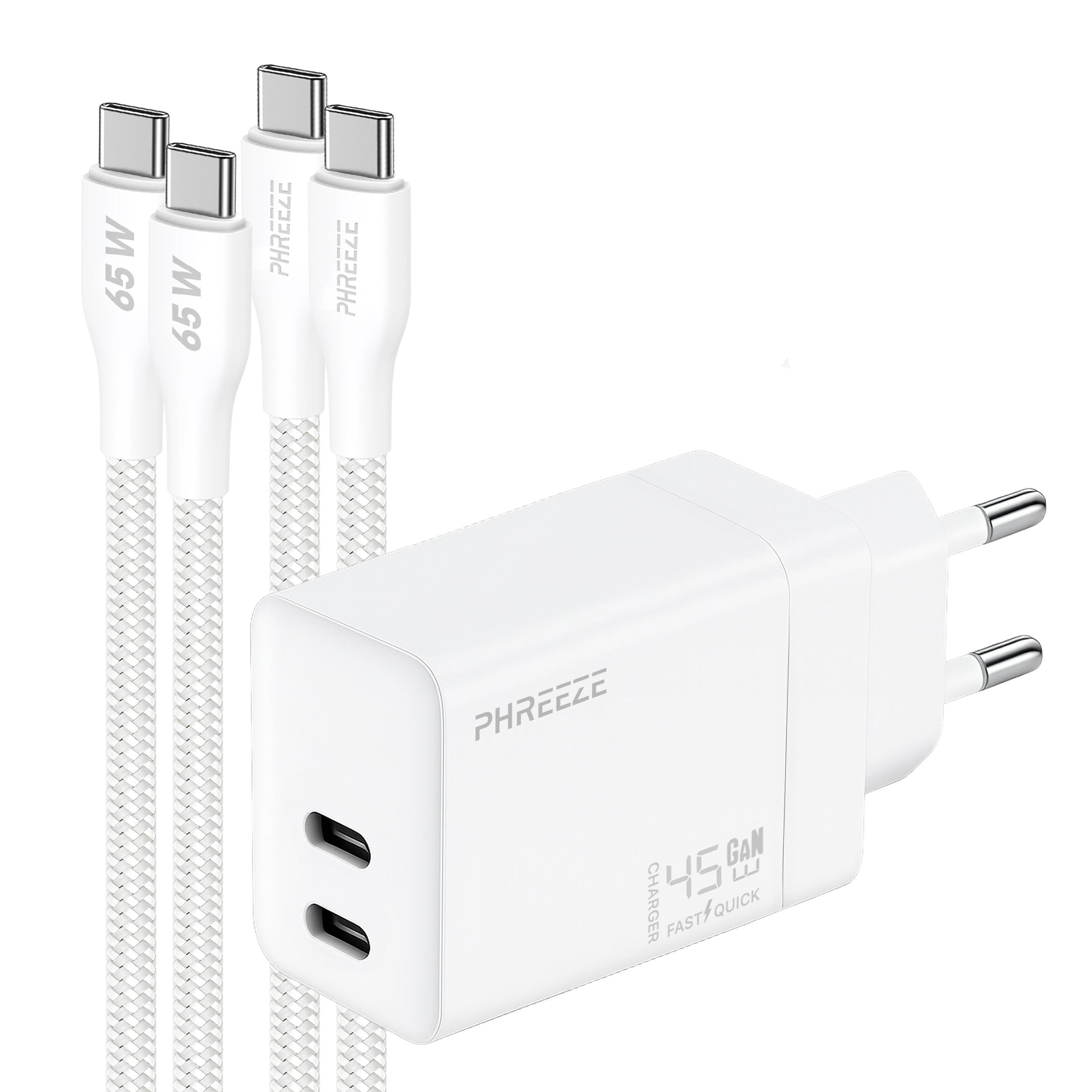 White charger with USB-C ports and cables. Cables have white braided design. Charger has 'PHREEE' and '45W' text.