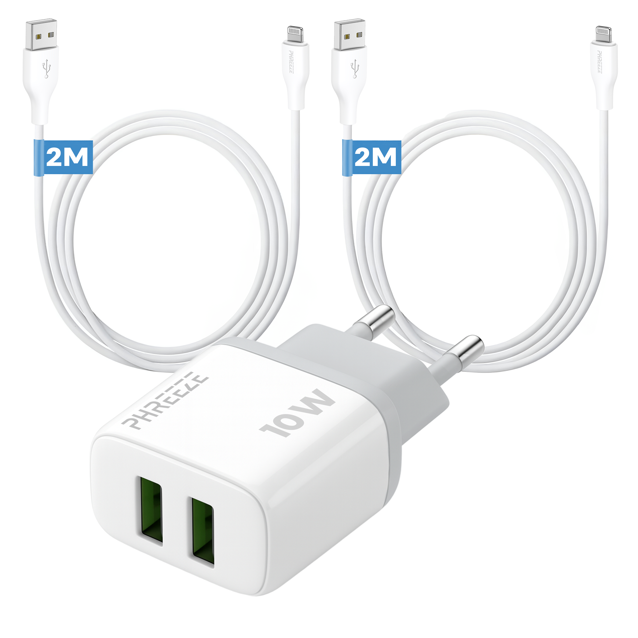 Witte oplader met twee USB-poorten, twee witte kabels en een grijs-witte oplaadkop. Kabels zijn gelabeld met 2M.
