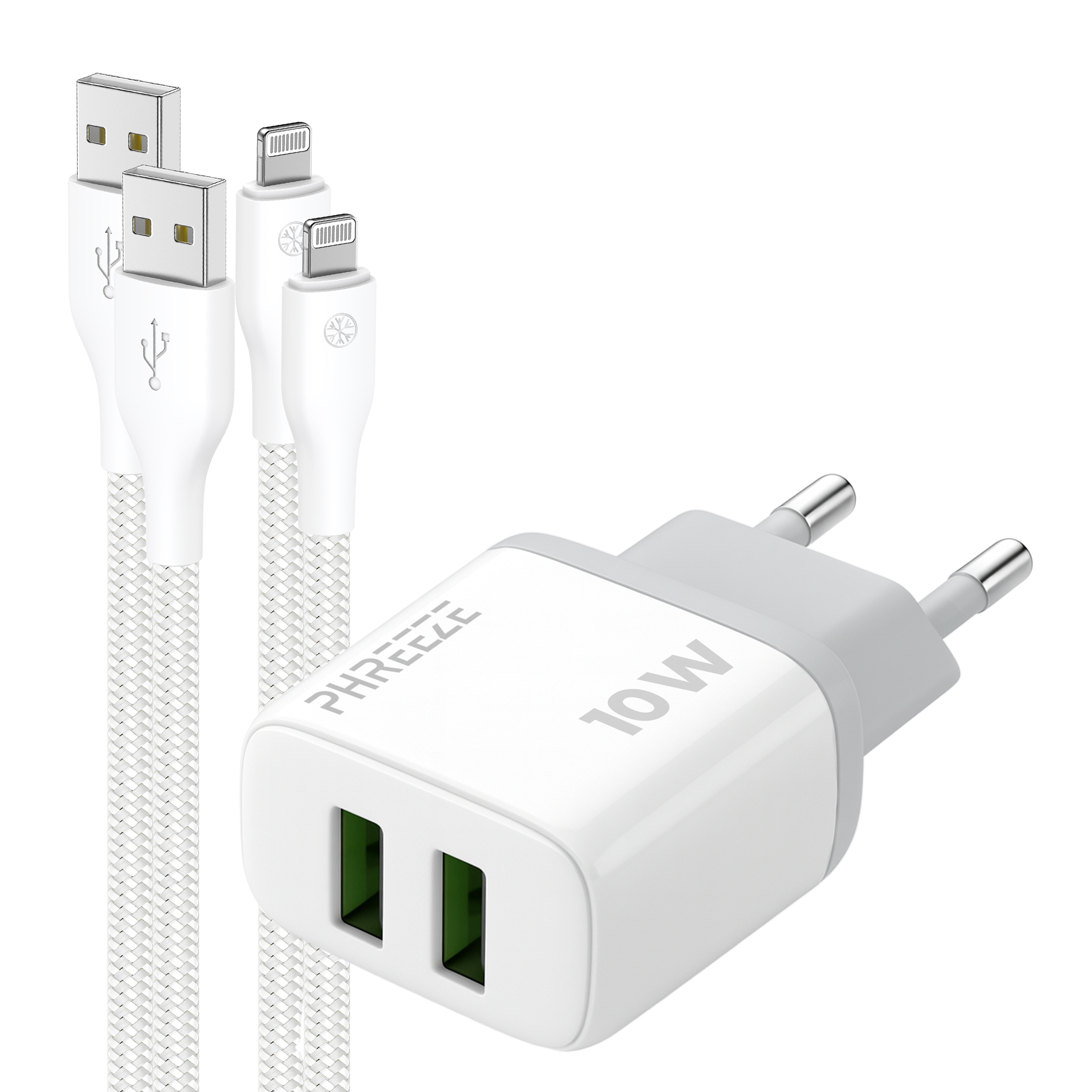 Witte oplader met twee USB-kabels en een stekker. De oplader heeft een label van 10W. Kabels zijn gevlochten.
