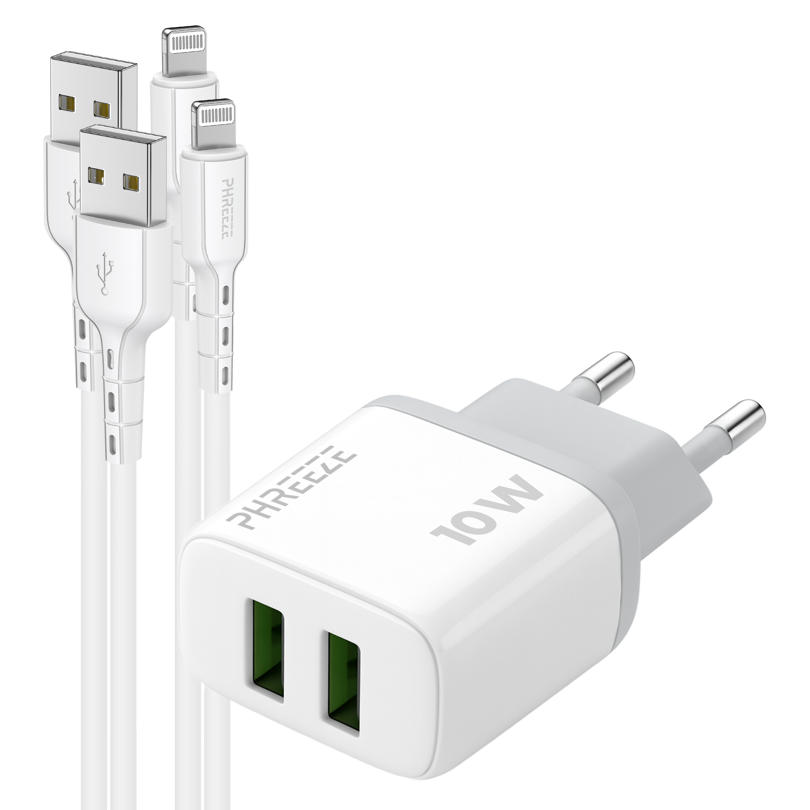 Witte oplader en kabels. Oplader heeft twee groene poorten en een 10W label. Kabels hebben USB- en Lightning-connectoren.