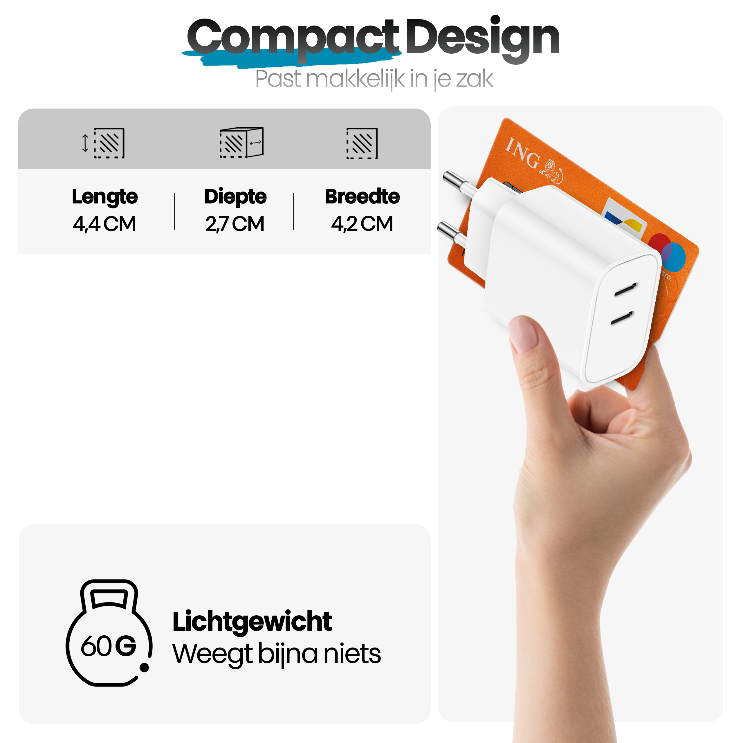 Hand die een witte oplader vasthoudt met een ING creditcard. Info graphics tonen afmetingen en gewicht van de oplader.