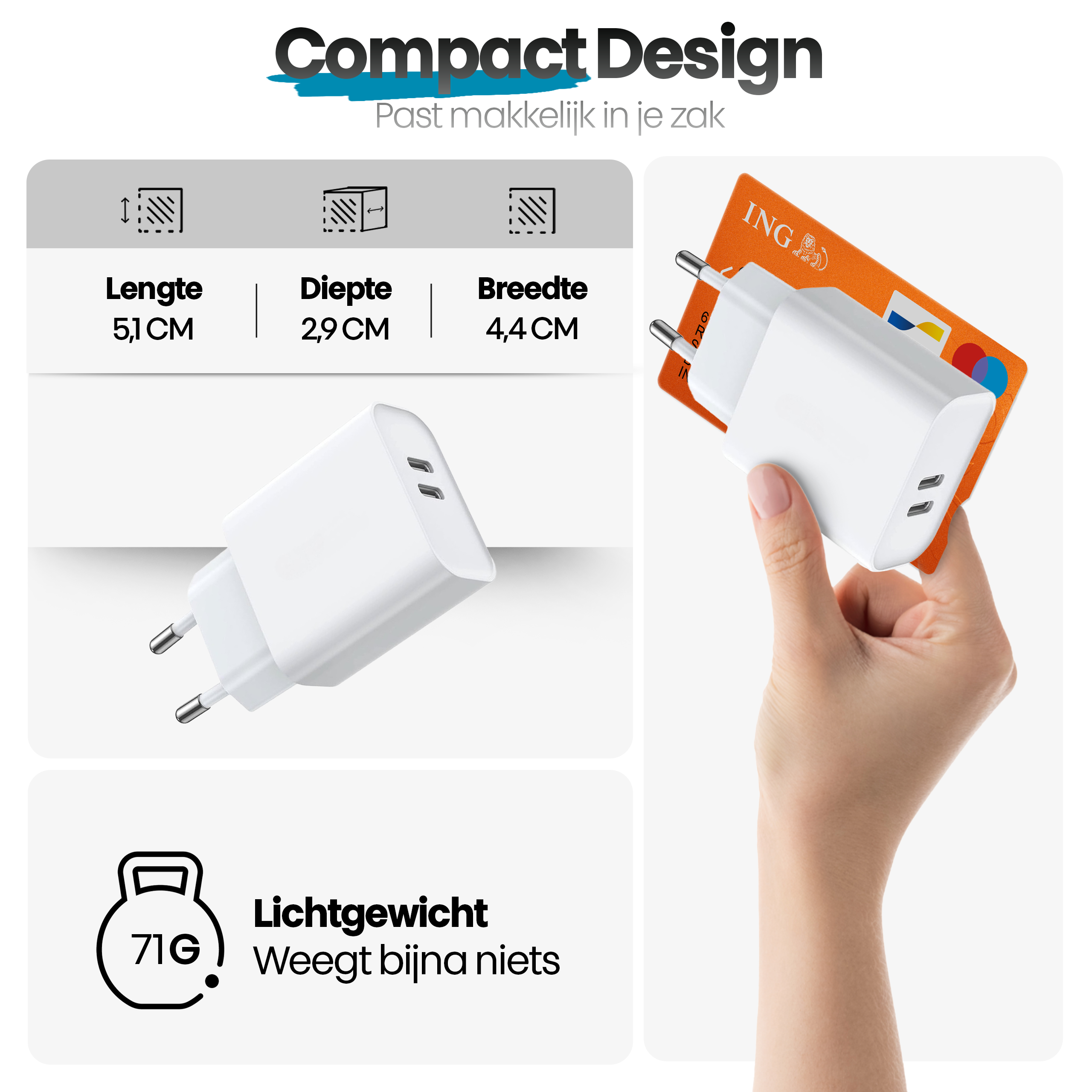 Een witte oplader in een hand. Ernaast een oranje ING-kaart. Tekst vermeldt afmetingen en gewicht.