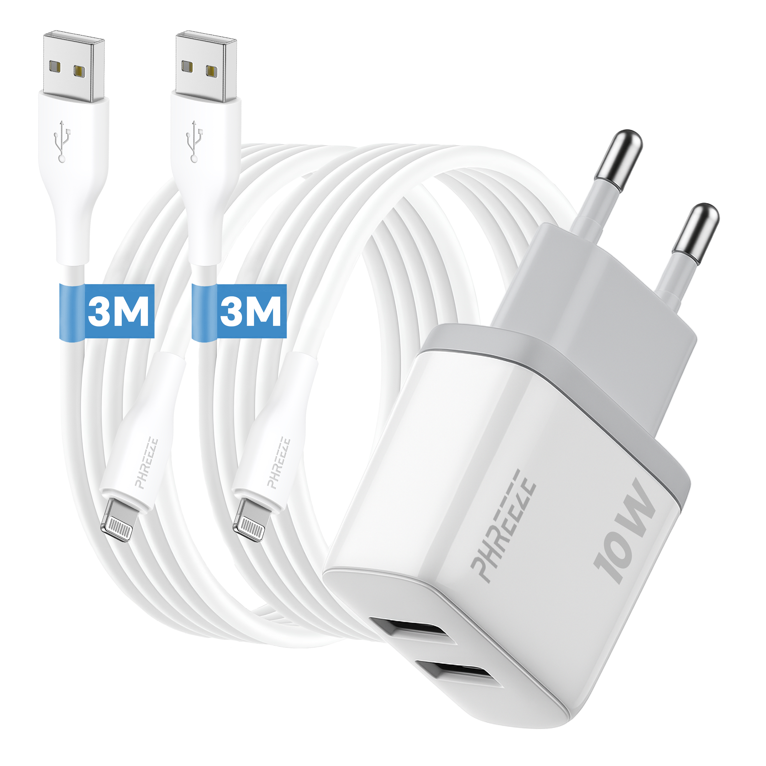 Witte oplader en kabels. Kabels hebben 3M labels. Oplader heeft 10W tekst. USB- en Lightning-connectoren zijn zichtbaar.